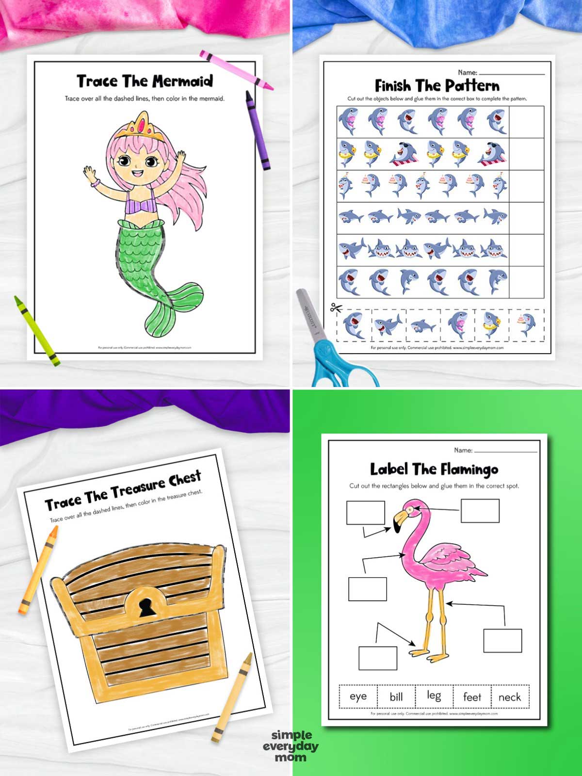 Collage of four printable preschool activities featuring a trace the mermaid page, an ocean animal pattern worksheet, a trace the treasure chest page, and a label the flamingo anatomy worksheet.