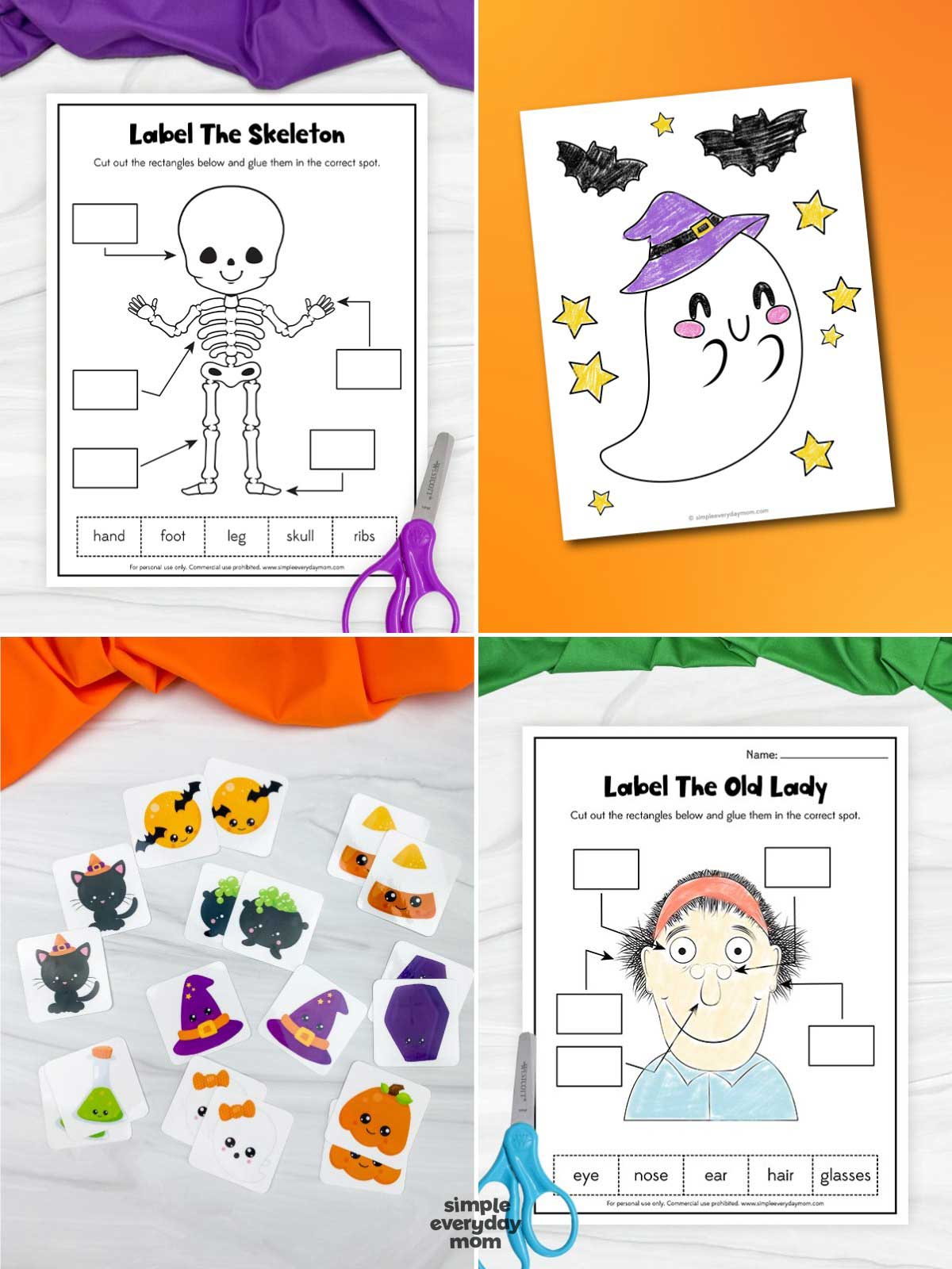 Collage of four Halloween printable activities featuring a label the skeleton worksheet, a cute ghost coloring page, a Halloween matching game, and a label the old lady anatomy worksheet for preschool.