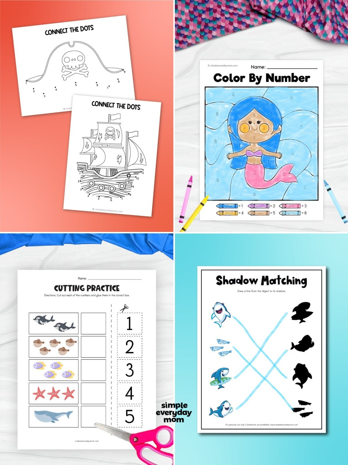 This ocean-themed printable activity pack provides a fun and educational way for preschool and kindergarten children to build essential early learning skills. The set includes connect-the-dots, color-by-number, cutting practice, and shadow matching worksheets that help develop fine motor skills, hand-eye coordination, number recognition, and visual discrimination. With engaging sea life and pirate-themed illustrations, these printable activities make learning interactive, creative, and enjoyable for young learners.