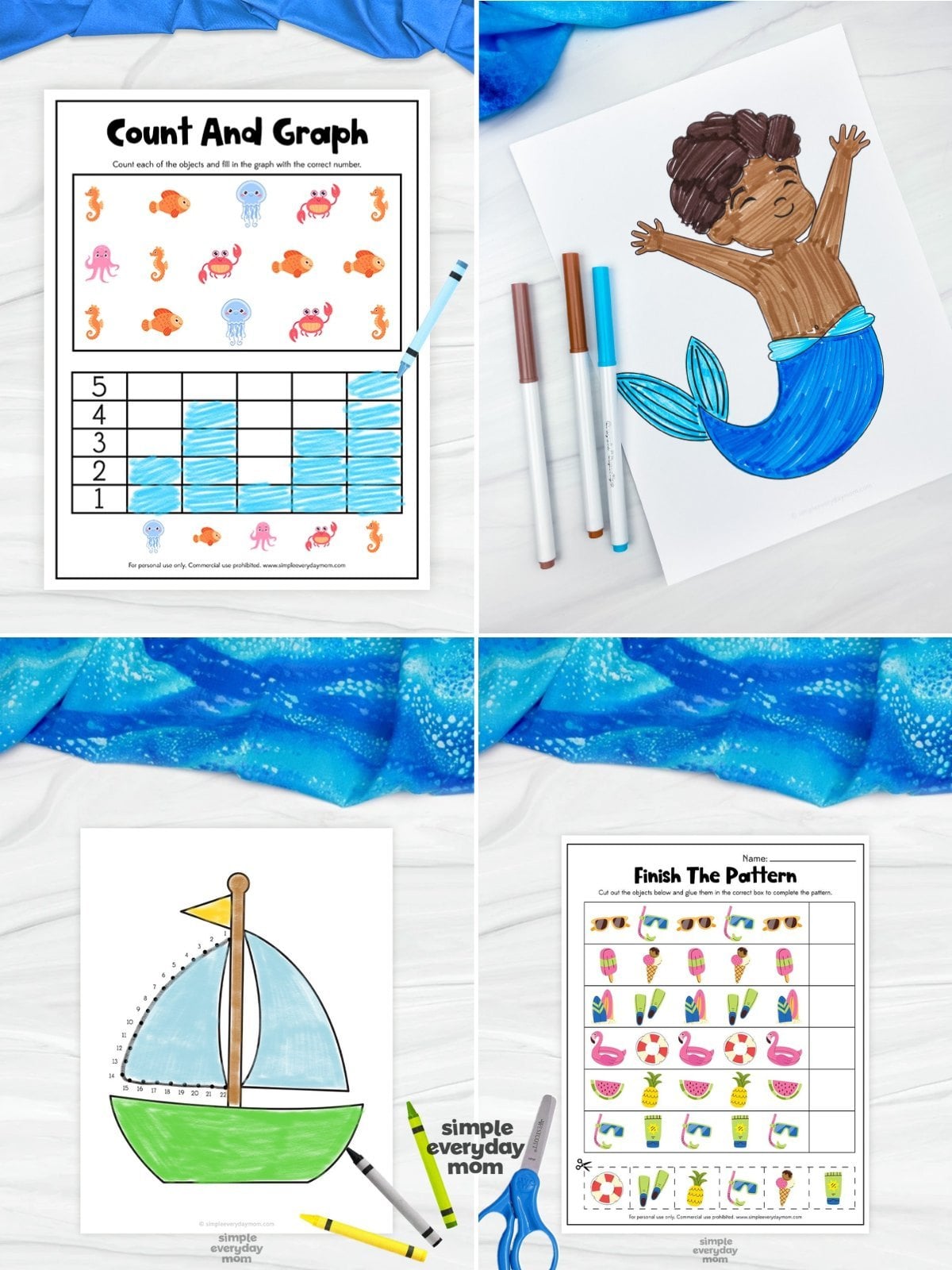 This ocean-themed printable activity pack is filled with fun, educational worksheets that help preschool and kindergarten children build essential early learning skills through hands-on play. The set includes count and graph, coloring, connect-the-dots, and pattern recognition activities that strengthen math, fine motor, visual discrimination, and problem-solving skills. Featuring adorable ocean-themed illustrations, these engaging printables make learning creative, interactive, and enjoyable for young learners.