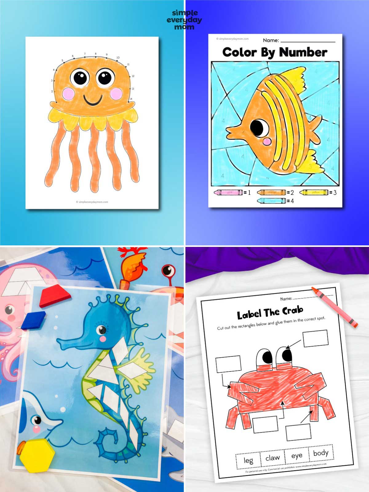 These ocean worksheets and activities help kids practice coloring, matching, labeling, and fine motor skills while exploring fun sea life themes. From color by number and dot-to-dot pages to shape matching and labeling activities, they're perfect for preschool, kindergarten, classroom centers, homeschool, or summer learning.
