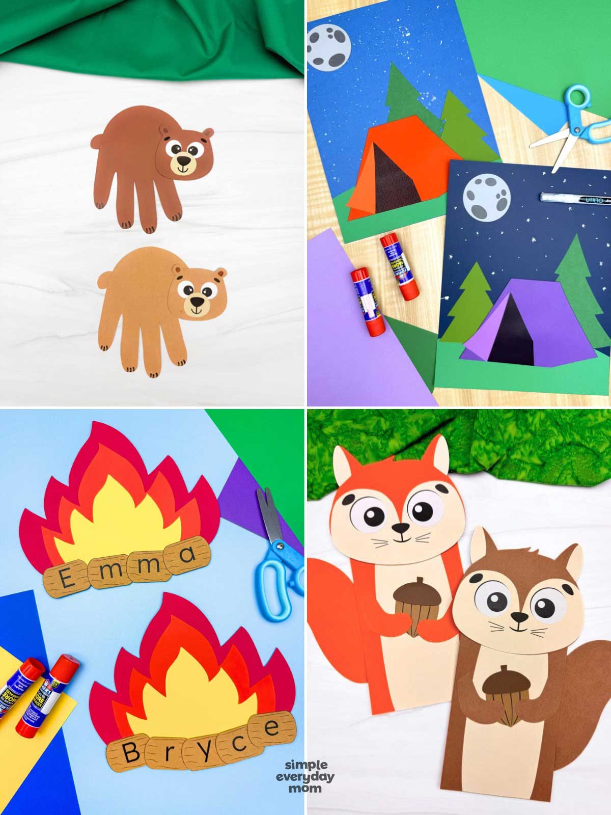 These camping crafts give kids plenty of fun, hands-on ways to get creative with an outdoor adventure theme. Children can make adorable woodland animals, camping scenes, and personalized name crafts while building fine motor skills and creativity. They're perfect for preschool, kindergarten, classrooms, homeschool, or summer camp activities.