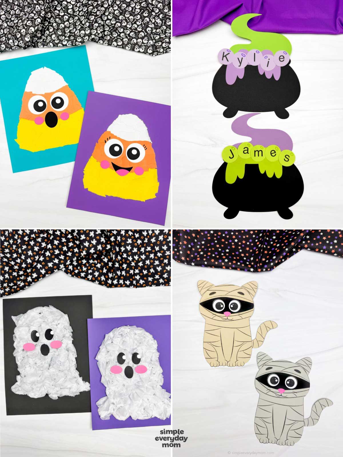 Collage of four Halloween craft ideas featuring a torn paper candy corn craft, a bubbling witch cauldron name craft, a tissue paper ghost craft, and a printable mummy cat craft for kids.