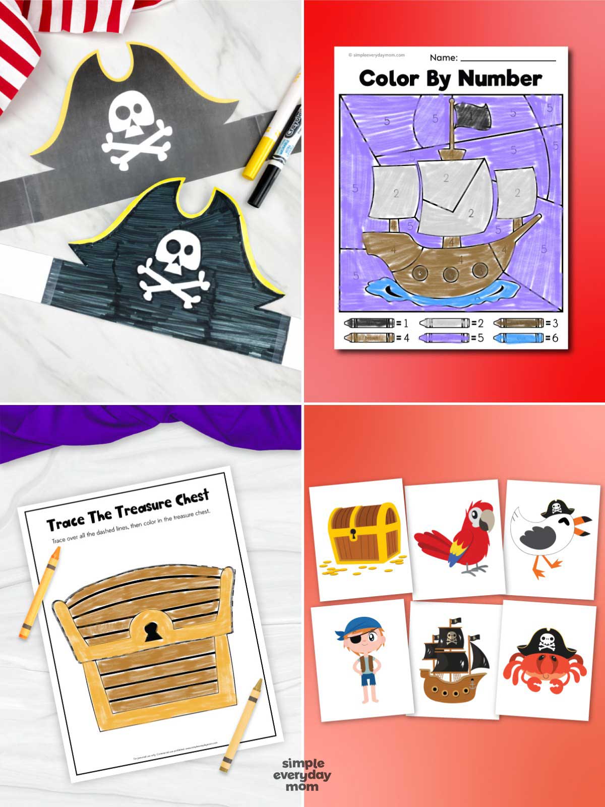 These pirate activities give preschool and kindergarten kids a fun mix of crafts, coloring pages, tracing, and matching games. Children can build fine motor skills, early literacy, counting, and visual recognition while exploring an exciting pirate theme. They're perfect for classrooms, homeschool, learning centers, or screen-free pirate fun.