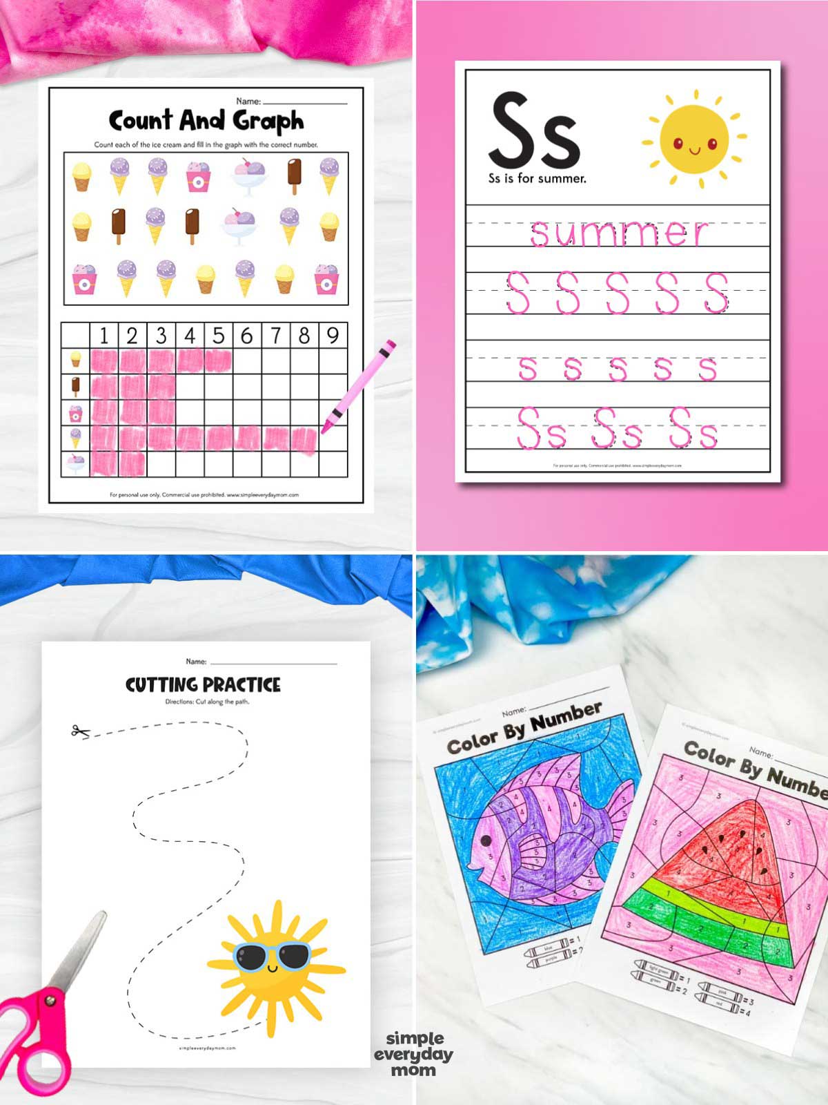 Collage of four summer printable activities featuring an ice cream count and graph worksheet, a letter S tracing page, a summer cutting practice worksheet, and color by number pages for preschool.