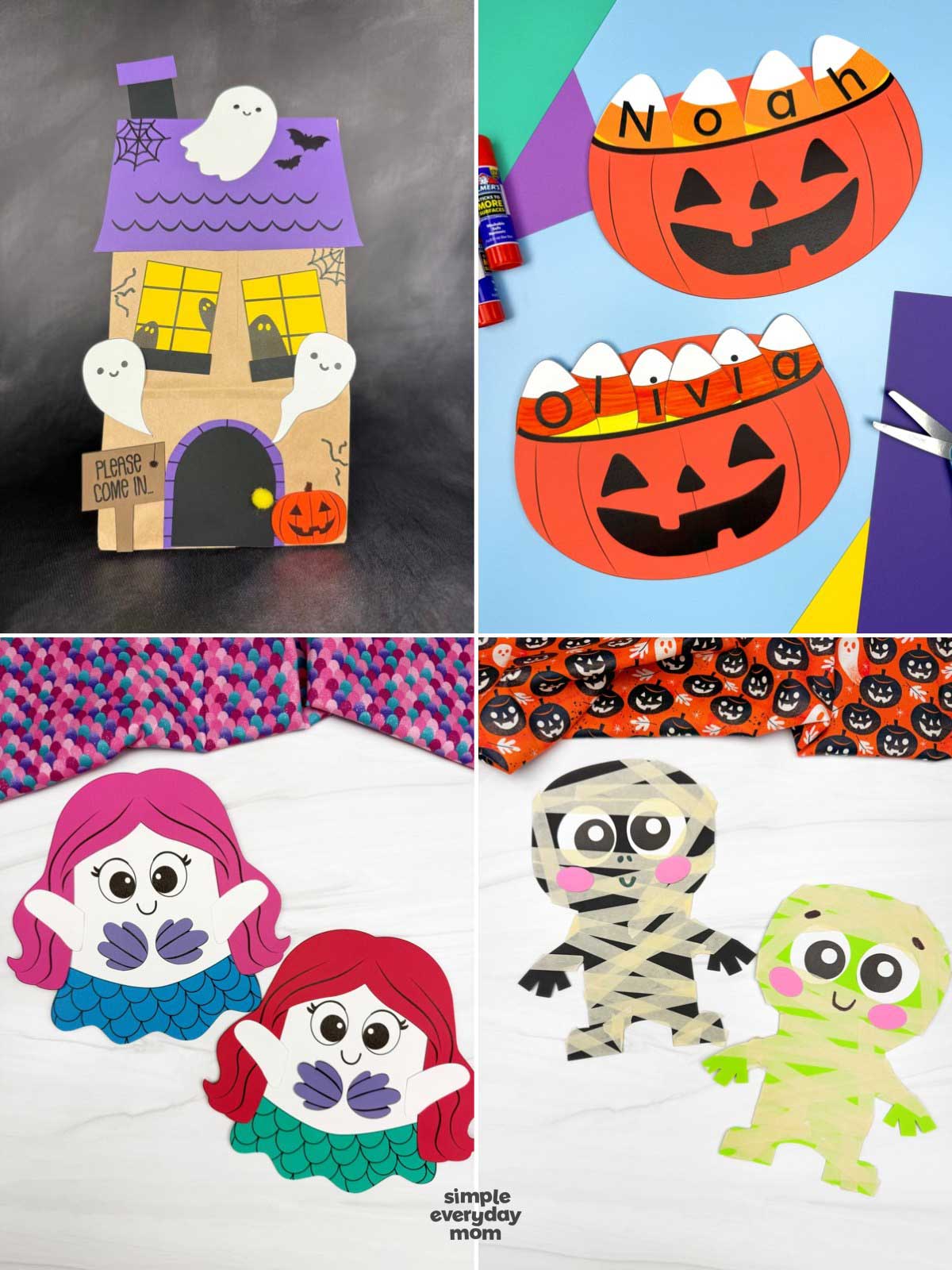 Collage of four Halloween craft ideas featuring a haunted house paper craft, a candy corn pumpkin name craft, a mermaid ghost craft, and cute mummy crafts for kids.