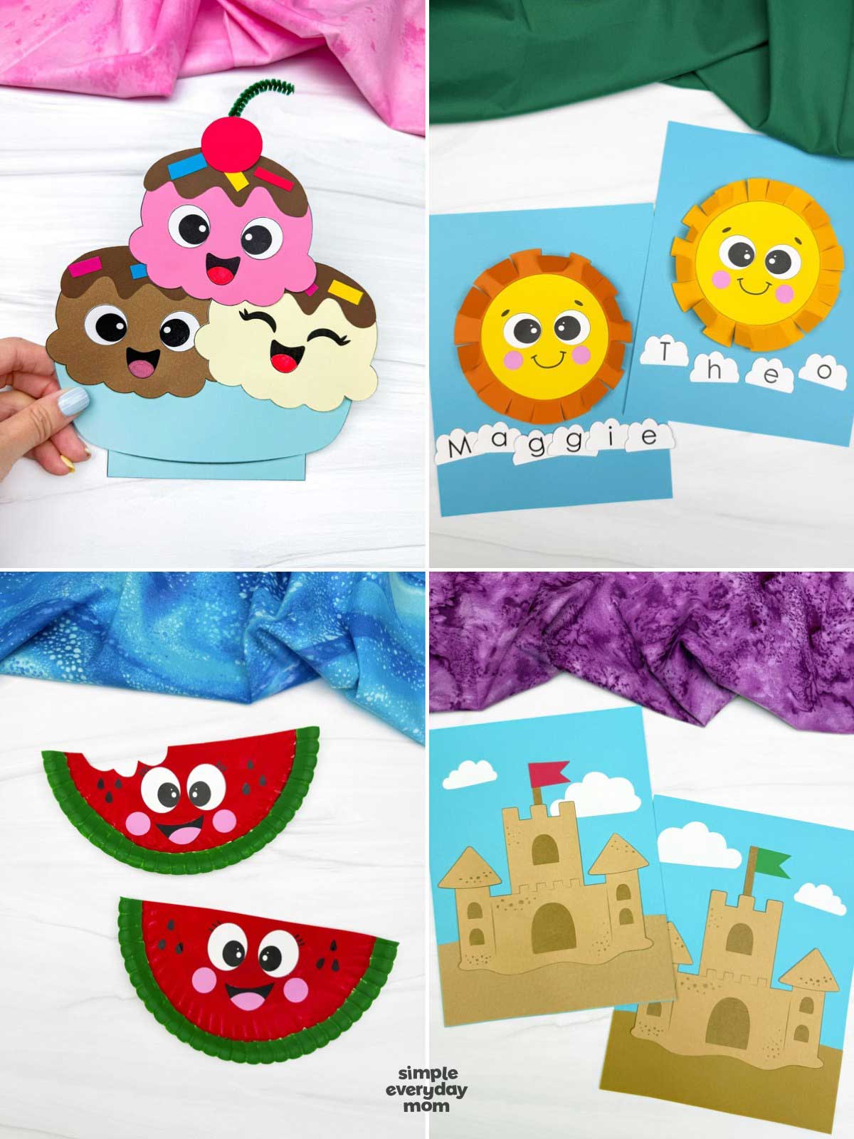 Collage of four summer-themed kids crafts featuring a smiling ice cream sundae craft, lion name crafts, paper plate watermelon crafts, and printable sandcastle paper crafts.