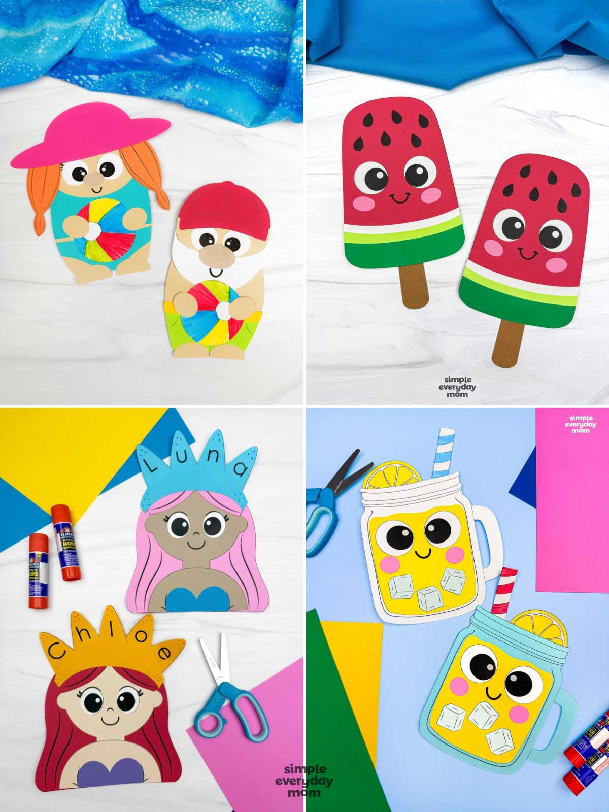 Collage of four summer craft ideas featuring beach kids paper crafts, cute watermelon popsicle crafts, printable mermaid name crafts, and smiling lemonade crafts for kids.