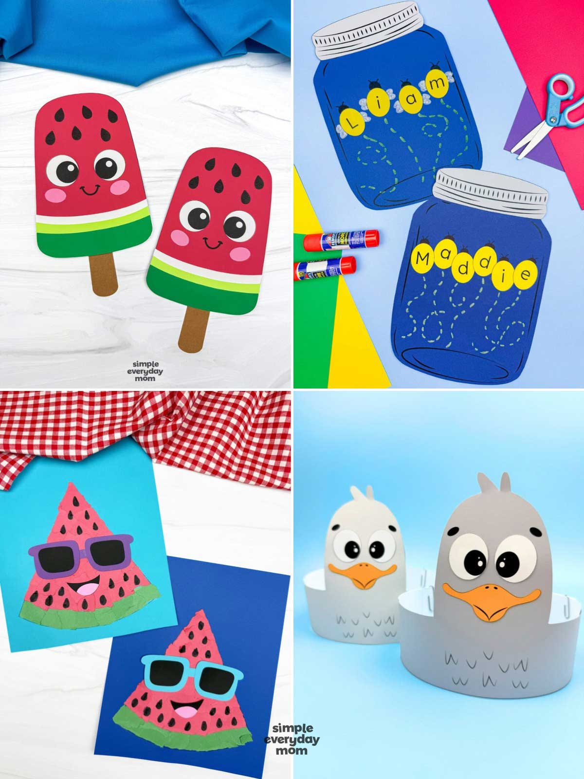 Collage of four summer craft ideas featuring cute watermelon popsicle crafts, printable firefly name crafts, smiling watermelon slice crafts, and easy duck paper cup crafts for kids.