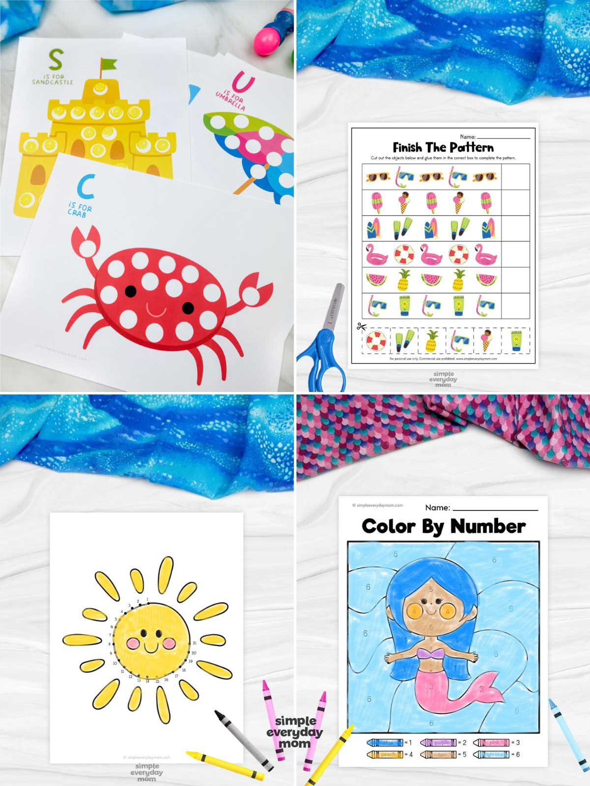 Collage of four summer printable activities featuring beach alphabet dot marker pages, a finish the pattern worksheet, a connect the dots sunshine page, and a mermaid color by number worksheet for preschool.