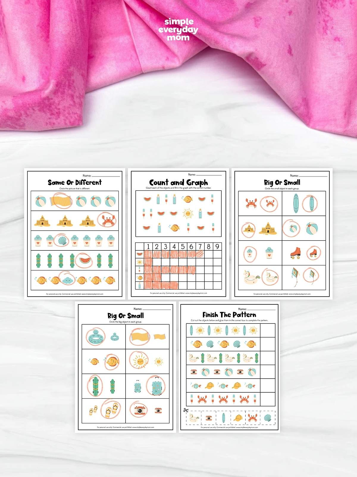 This printable summer math worksheet pack includes a variety of engaging activities that help preschoolers and kindergarteners build essential early math and thinking skills. Children will practice counting, graphing, comparing sizes, identifying differences, and completing patterns through fun, summer-themed exercises. It's a great no-prep resource for classrooms, homeschool, learning centers, or extra summer learning at home.