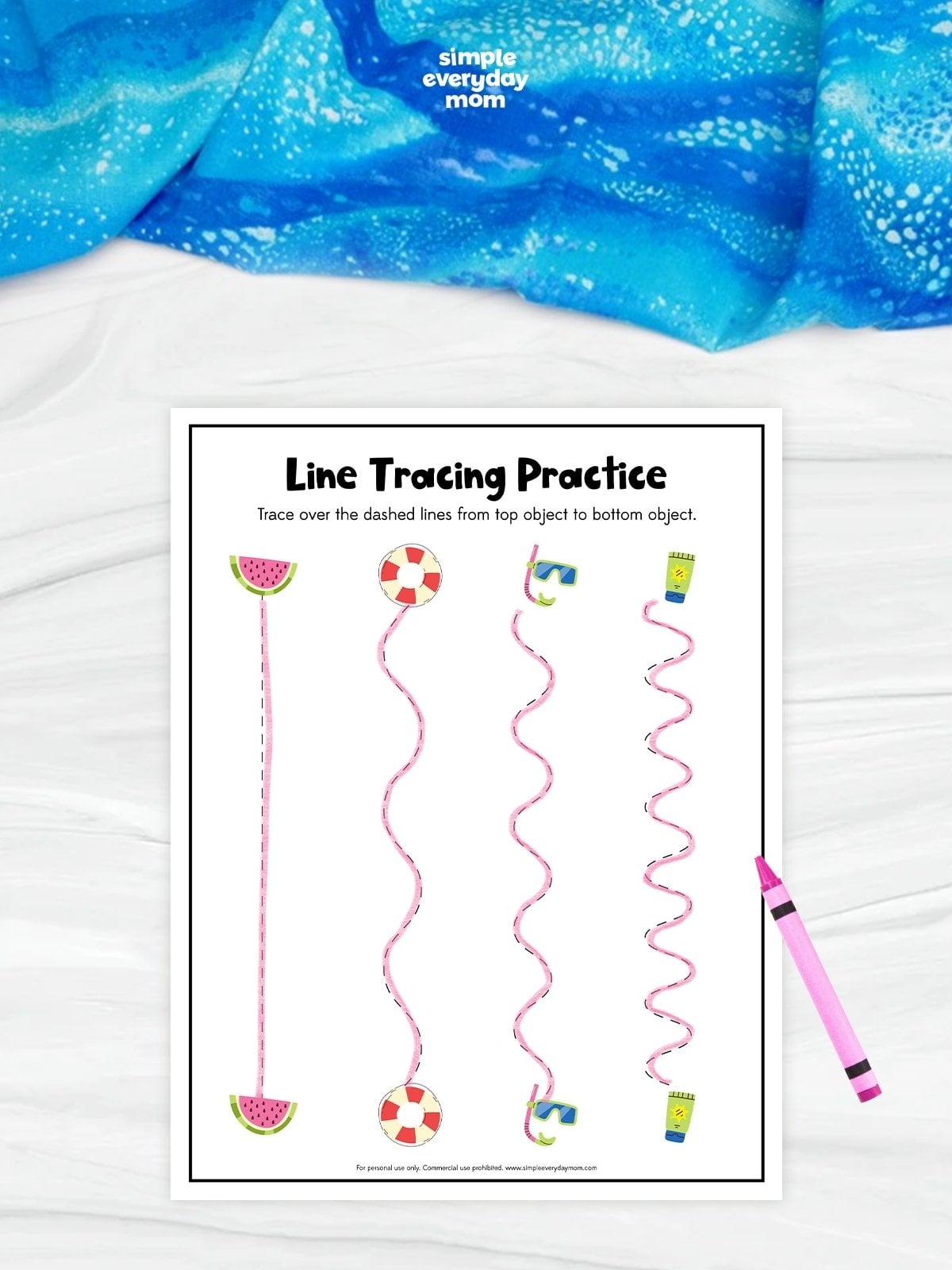 Line Tracing Practice worksheet with summer-themed tracing paths connecting matching objects, including watermelon slices, a life preserver, snorkel goggles, and sunscreen. This printable preschool activity helps children build pencil control, hand-eye coordination, and fine motor skills through line tracing.