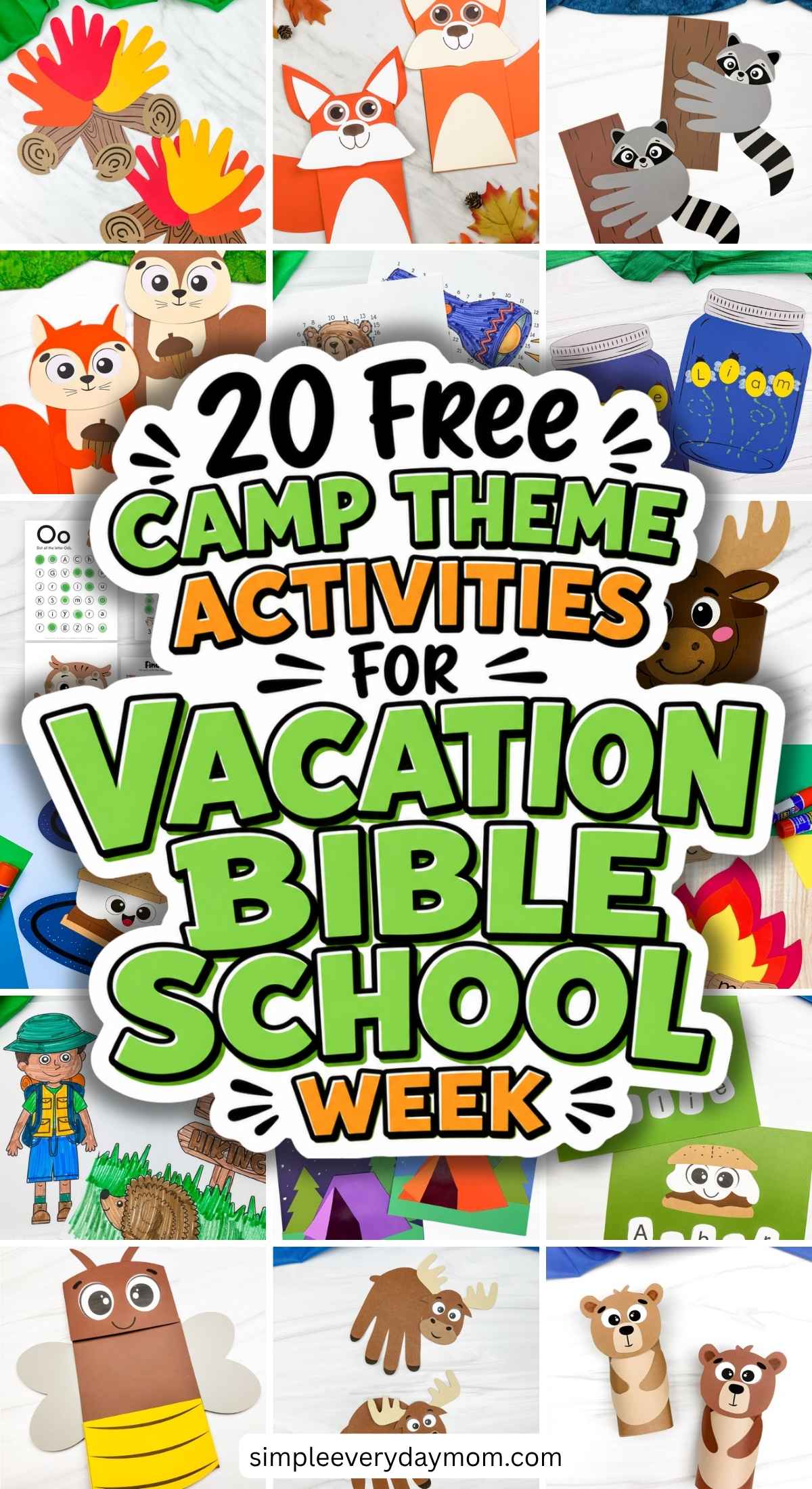 Collage of camping-themed Vacation Bible School activities, including paper campfires, foxes, raccoons, fireflies, moose, bears, and s’mores, with large text reading ‘20 Free Camp Theme Activities for Vacation Bible School Week.