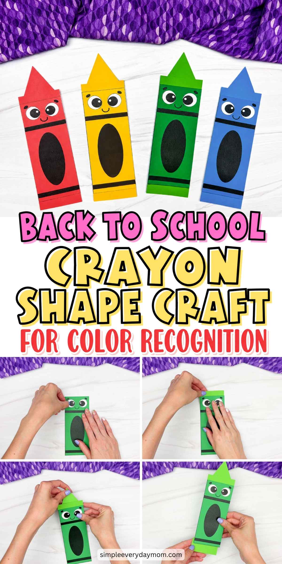 Collage of colorful completed crayon shape crafts with step by step assembly photos for a back to school color recognition activity.