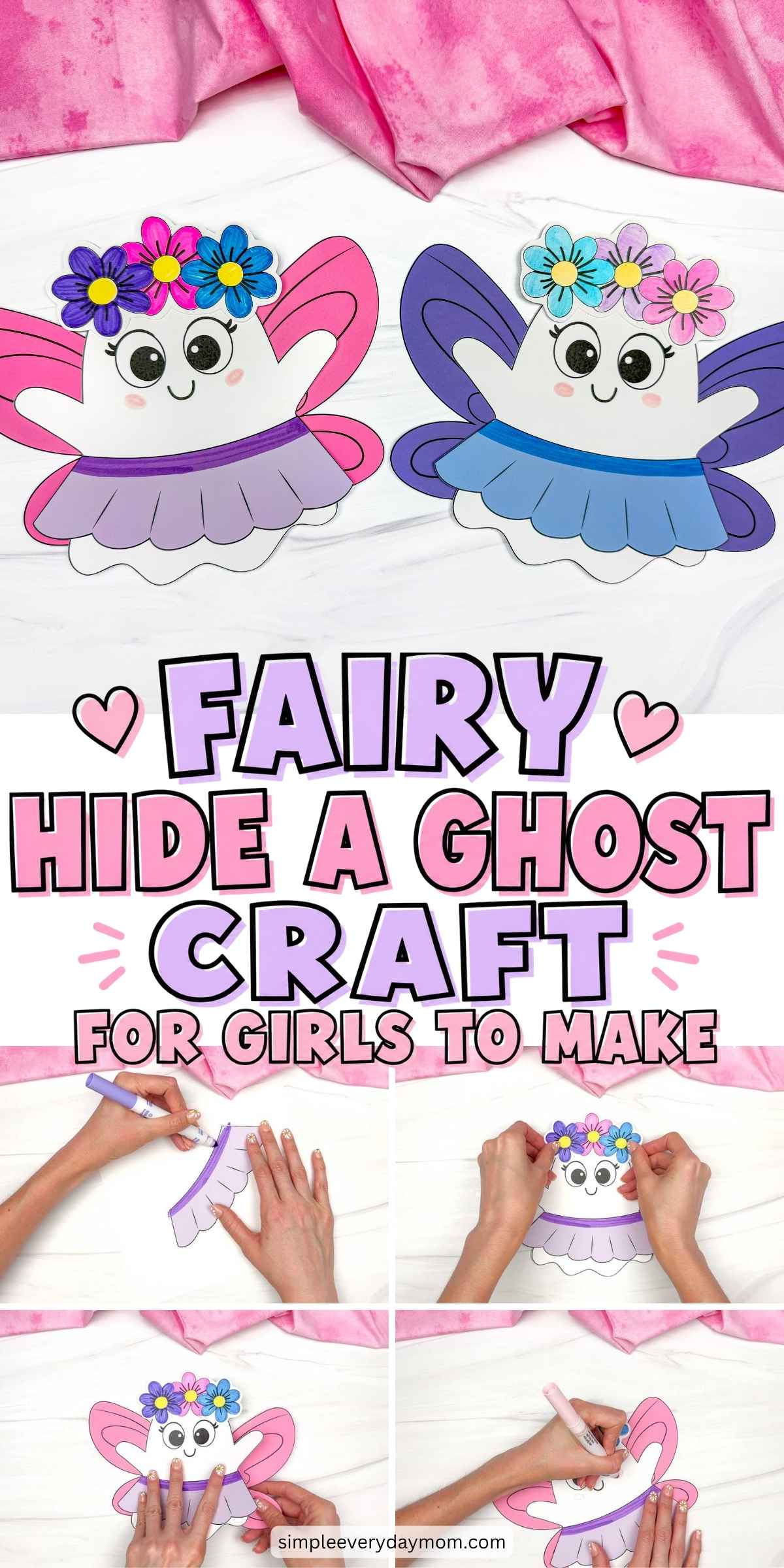 Collage of completed Fairy Ghost Disguise Craft ideas with colorful fairy wings, flower crowns, skirts, and step by step assembly photos.