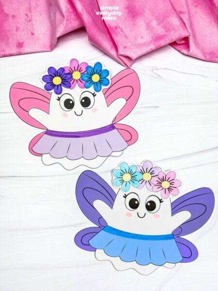 A completed craft of two Fairy Ghost Disguise Craft designs with different colored fairy wings, flower crowns, and skirts displayed side by side.