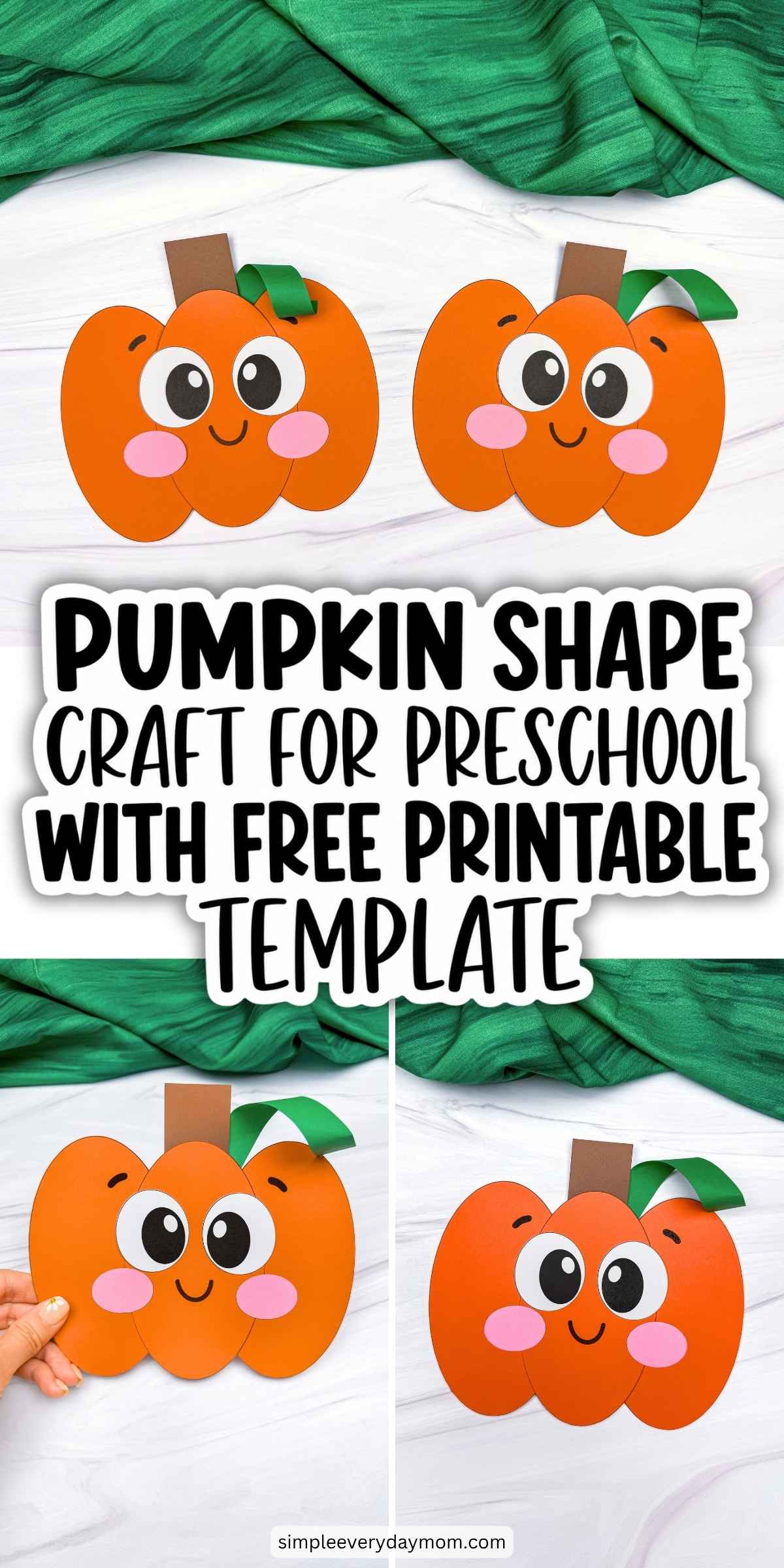 Collage of completed Pumpkin Shape Craft examples with different pumpkin face expressions.