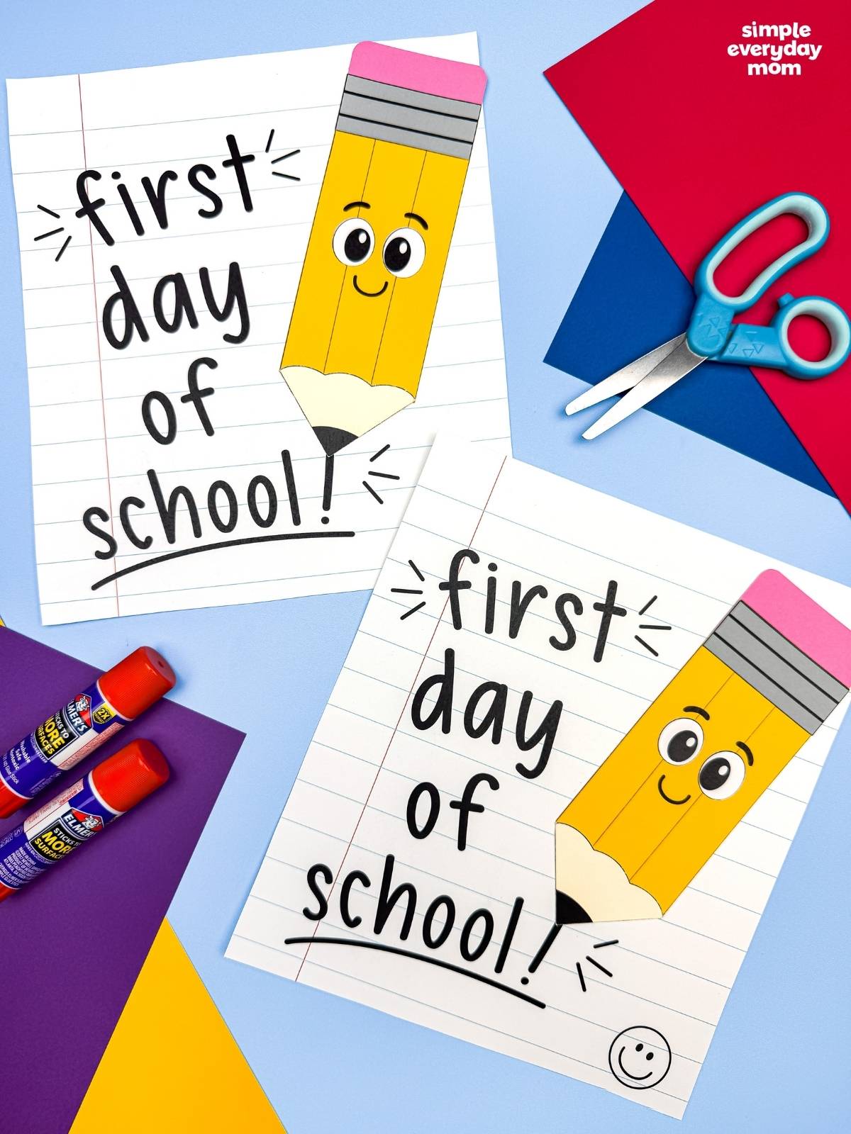 Side by side completed back to school pencil crafts displayed with colorful paper, glue sticks, and scissors.