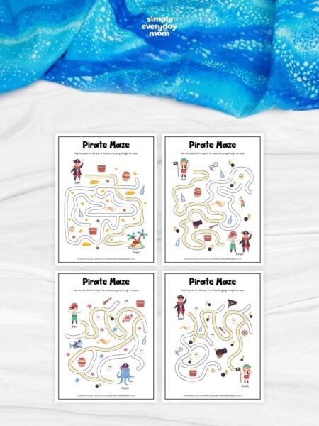 This printable pirate maze pack includes four exciting maze activities that help preschoolers and kindergarteners build problem-solving, visual tracking, and concentration skills. Each maze features a different pirate adventure with a unique destination, keeping kids engaged while strengthening fine motor skills. It's a fun, no-prep resource for classrooms, homeschool, travel, quiet time, or screen-free play.