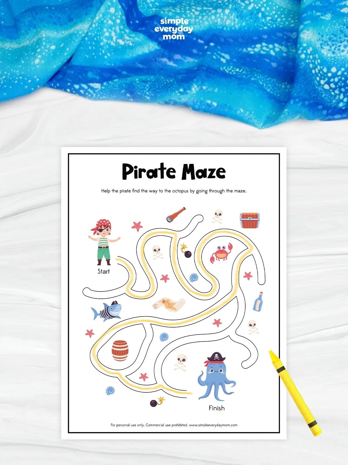 This printable Pirate Maze worksheet challenges preschoolers and kindergarteners to help the pirate find the path to the octopus by solving the maze. As children trace the correct route, they strengthen problem-solving, visual tracking, concentration, and fine motor skills. It's a fun, no-prep activity that's perfect for classrooms, homeschool, quiet time, or summer learning.