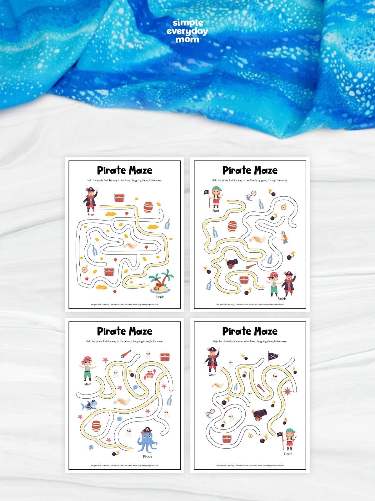 This printable pirate maze pack includes four exciting maze activities that help preschoolers and kindergarteners build problem-solving, visual tracking, and concentration skills. Each maze features a different pirate adventure with a unique destination, keeping kids engaged while strengthening fine motor skills. It's a fun, no-prep resource for classrooms, homeschool, travel, quiet time, or screen-free play.