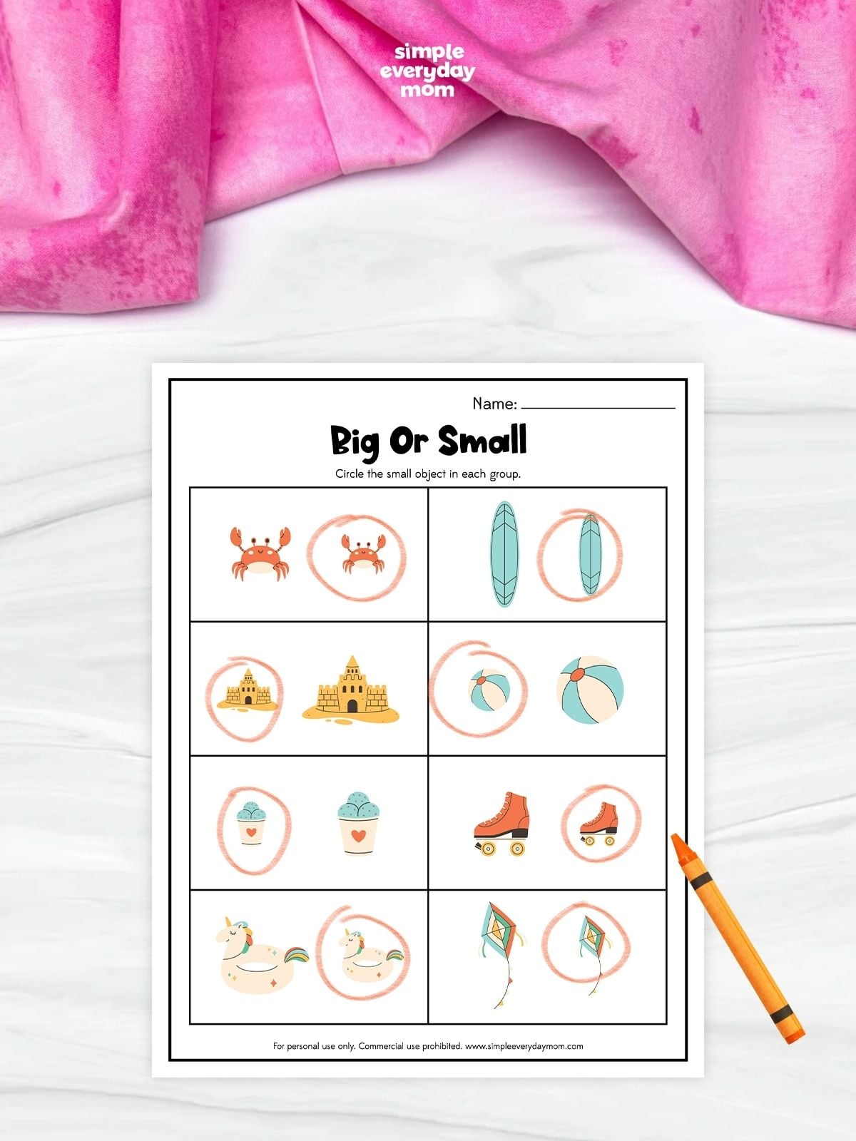 This printable Big or Small worksheet helps preschoolers and kindergarteners practice comparing object sizes by identifying the smaller item in each pair of summer-themed pictures. Kids circle the smaller object while building early math, visual discrimination, and critical thinking skills. It's a fun, no-prep activity that's perfect for classrooms, homeschool, learning centers, or summer learning at home.