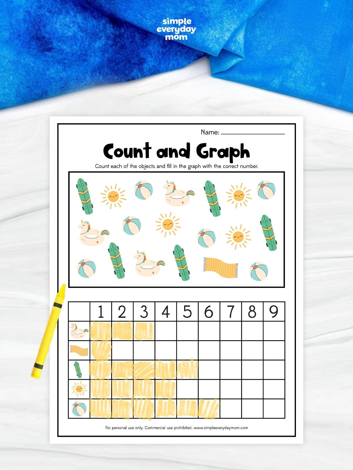 This printable Count and Graph worksheet helps preschoolers and kindergarteners practice counting, sorting, and graphing with fun summer-themed pictures. Kids count each object and fill in the matching graph to build early math, data interpretation, and number recognition skills. It's a great no-prep activity for classrooms, homeschool, math centers, or summer learning at home.