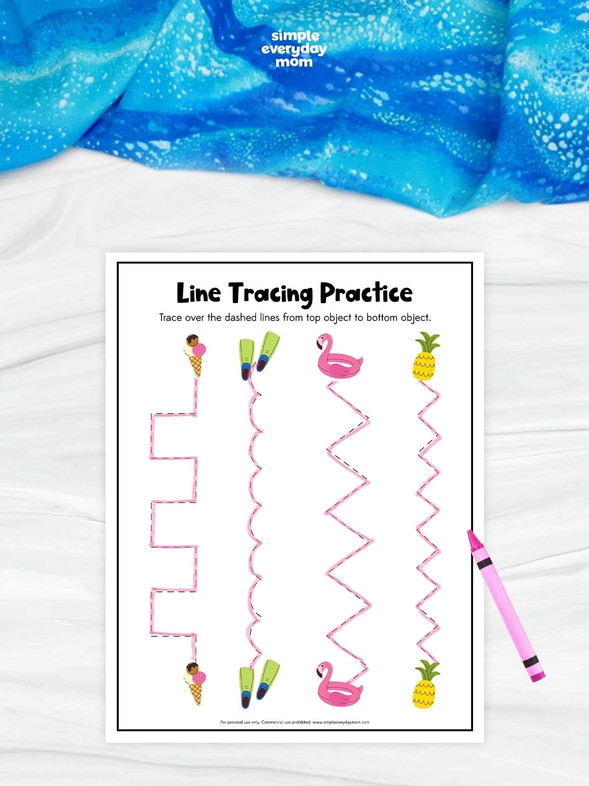 A summer-themed line tracing worksheet with ice cream, swim fins, a flamingo float, and a pineapple connected by different tracing paths. Children trace each line from top to bottom to build pencil control, fine motor skills, hand-eye coordination, and early pre-writing skills.