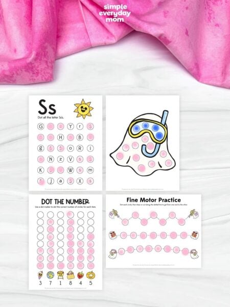 Collage of four printable Summerween dot marker worksheets featuring a letter recognition page, a snorkeling ghost dot art page, a dot the number counting activity, and a fine motor tracing practice page for preschoolers.