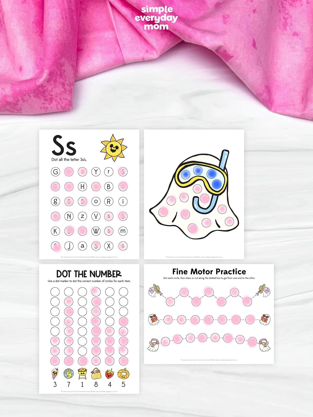 Collage of four printable Summerween dot marker worksheets featuring a letter recognition page, a snorkeling ghost dot art page, a dot the number counting activity, and a fine motor tracing practice page for preschoolers.