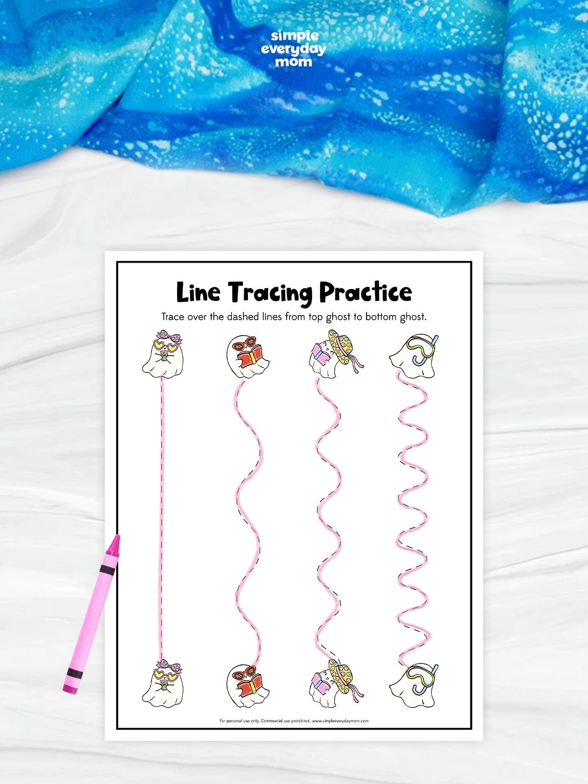 This printable Line Tracing Practice worksheet helps preschoolers strengthen pencil control by tracing straight and wavy lines between matching Summerween ghost characters. As children follow each path, they build fine motor skills, hand-eye coordination, and pre-writing confidence. It's a fun, no-prep activity that's perfect for classrooms, homeschool, learning centers, or Halloween-inspired summer learning.