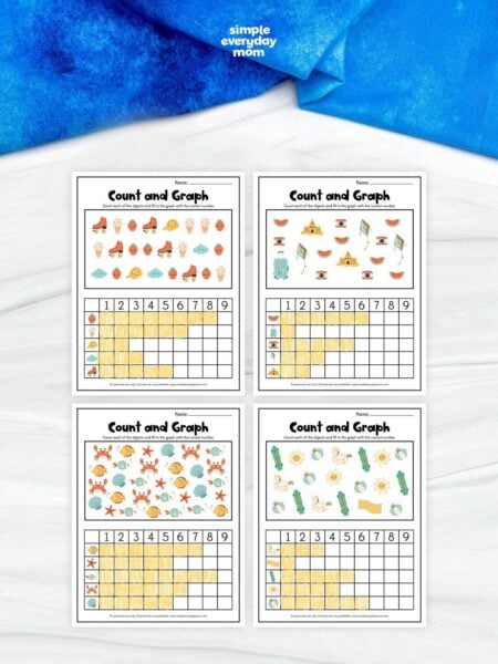 This printable Count and Graph worksheet pack includes four fun summer-themed activities that help preschoolers and kindergarteners practice counting, sorting, and graphing. Kids count colorful objects, complete picture graphs, and build early math, number recognition, and data interpretation skills through hands-on learning. It's a great no-prep resource for classrooms, homeschool, math centers, or extra summer learning at home.