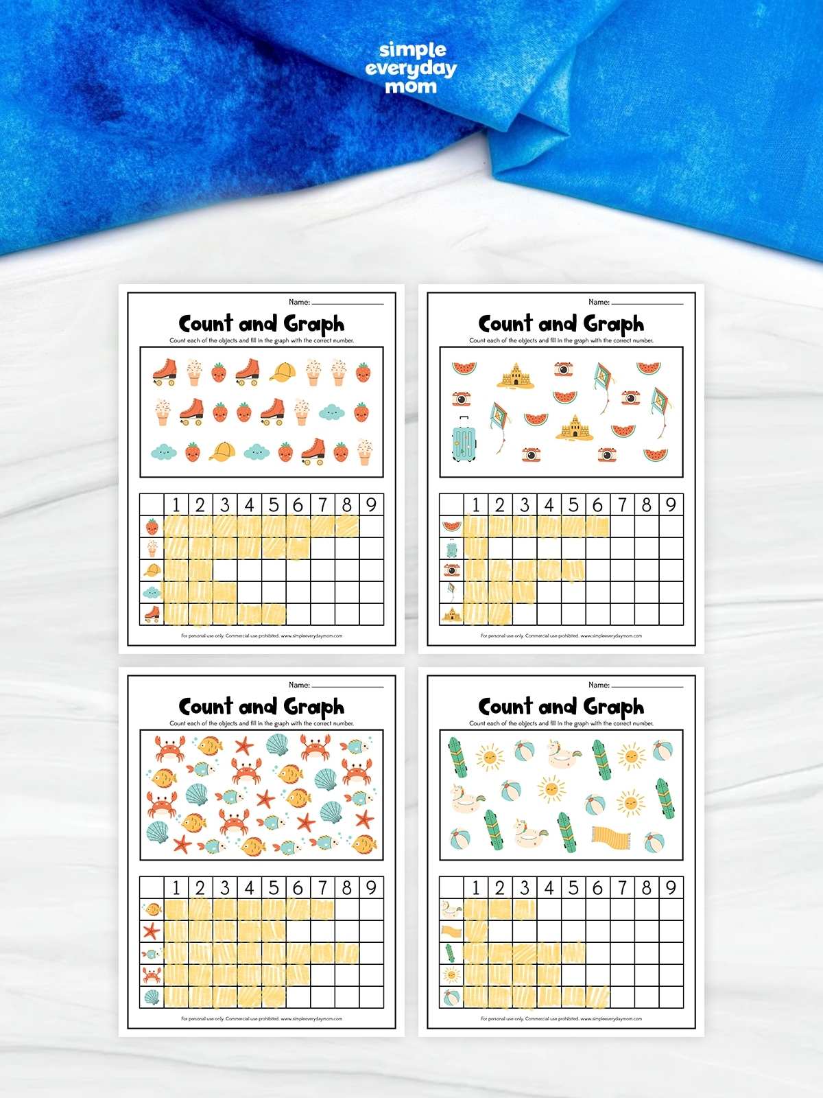 This printable Count and Graph worksheet pack includes four fun summer-themed activities that help preschoolers and kindergarteners practice counting, sorting, and graphing. Kids count colorful objects, complete picture graphs, and build early math, number recognition, and data interpretation skills through hands-on learning. It's a great no-prep resource for classrooms, homeschool, math centers, or extra summer learning at home.