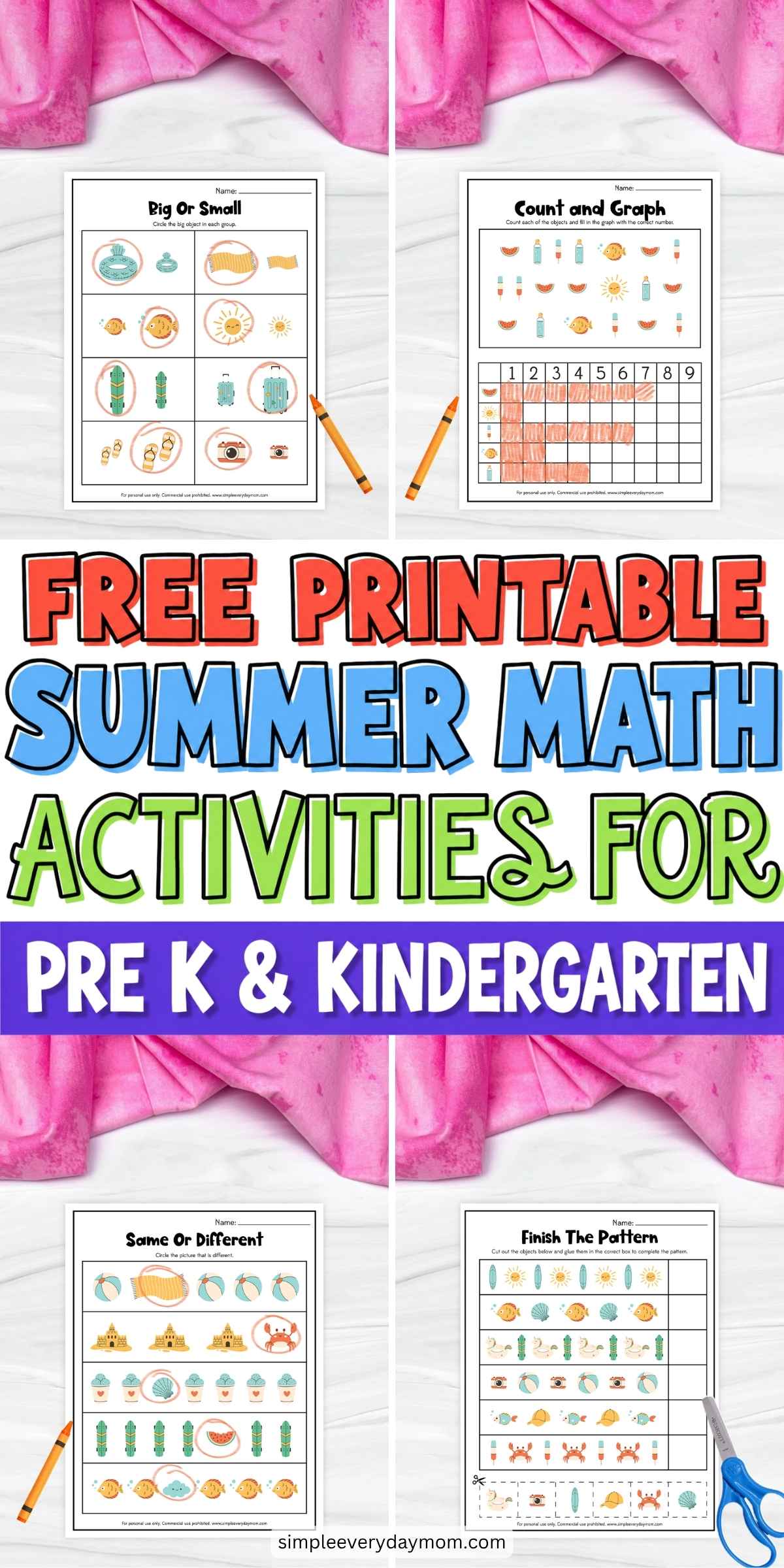 Make learning fun all summer long with these free printable summer math activities for preschoolers and kindergarteners. Kids will practice early math skills like counting, graphing, patterns, comparing sizes, and visual discrimination through colorful, hands-on worksheets. They're perfect for classrooms, summer learning at home, centers, quiet time, or extra practice during the break.