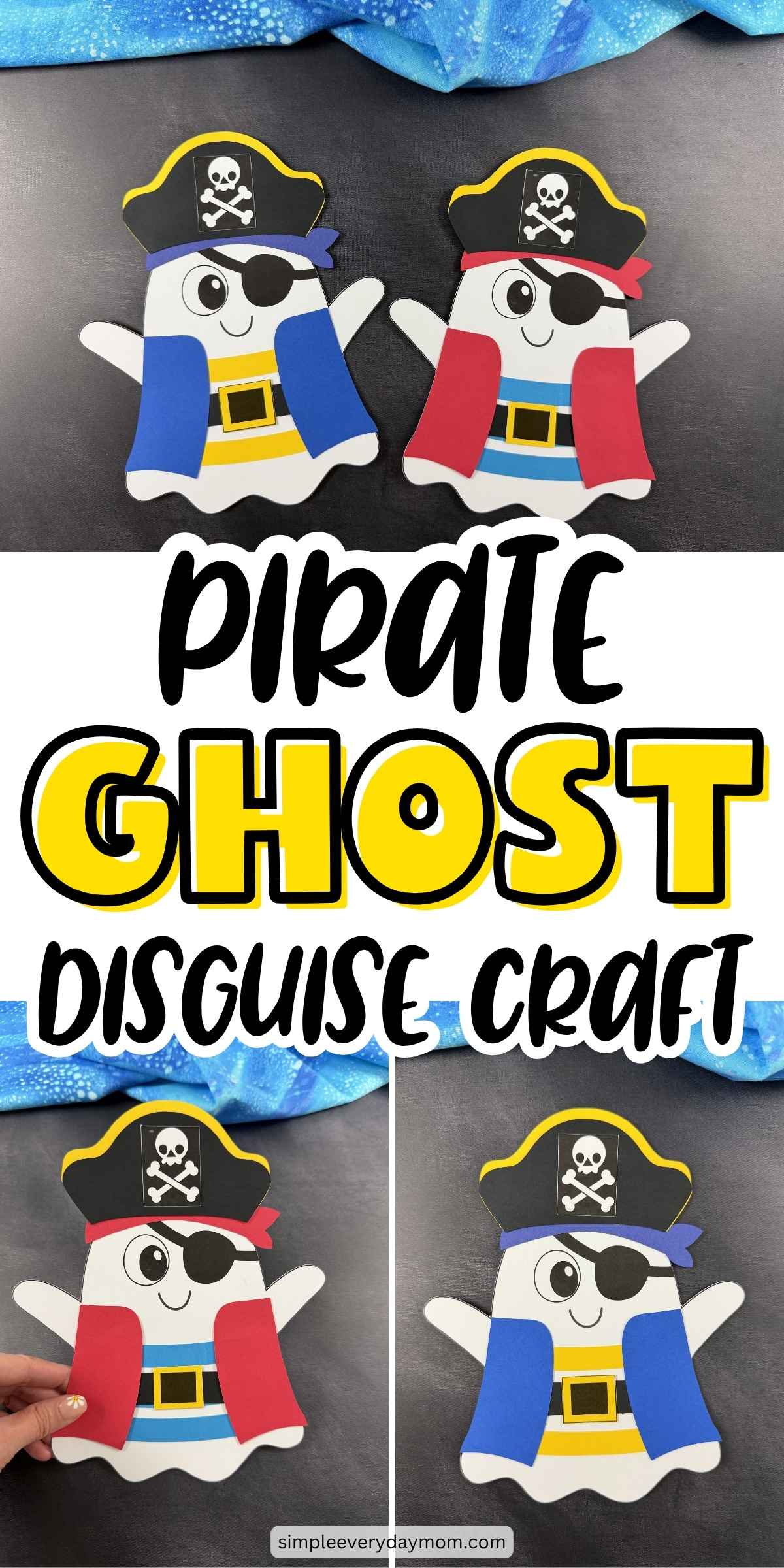 Collage of two completed pirate ghost disguise crafts with close up views of the finished printable pirate ghost craft.