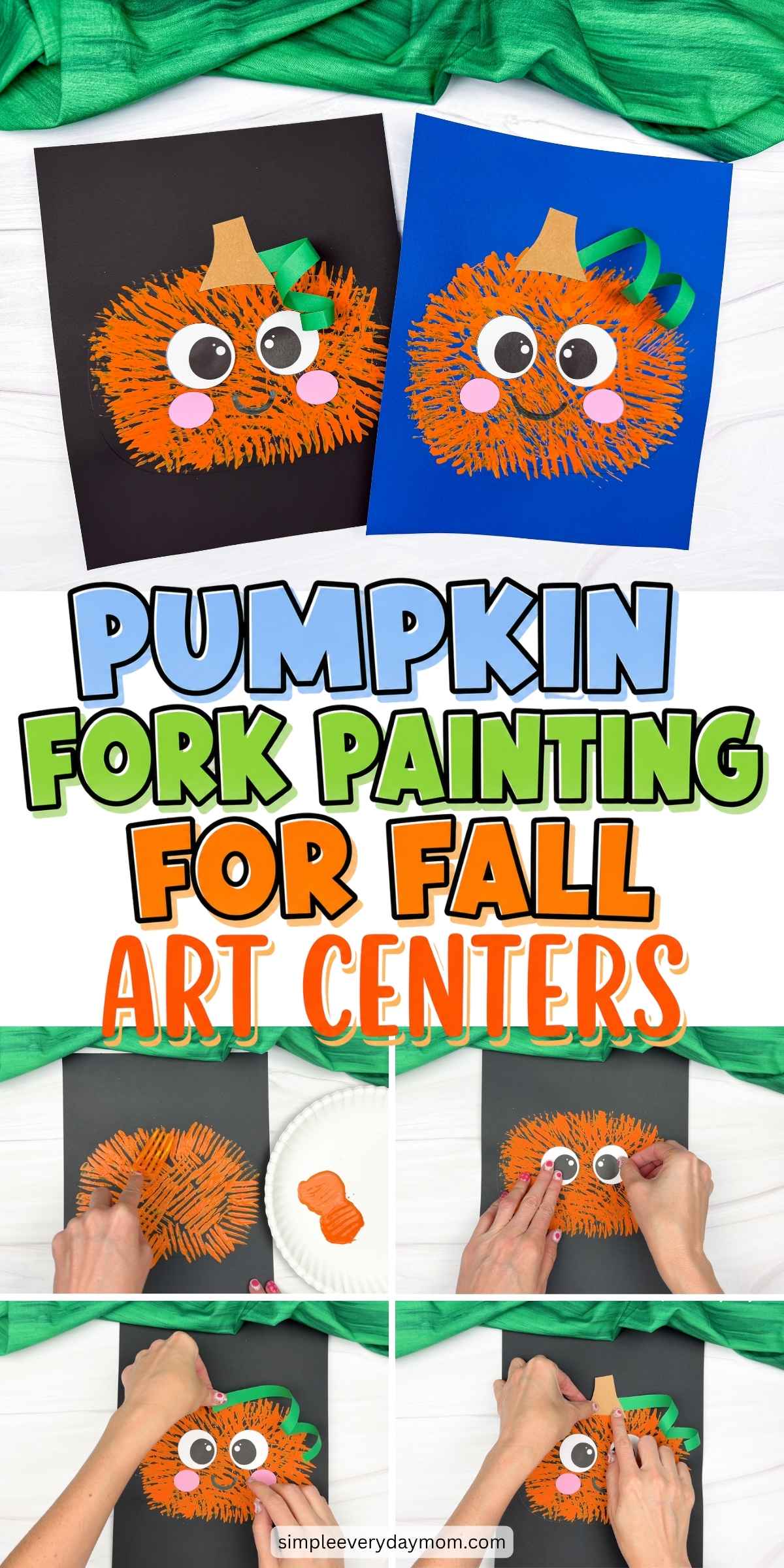 Collage showing the completed Fork Painted Pumpkin Craft along with the painting and assembly steps for the fall art project.