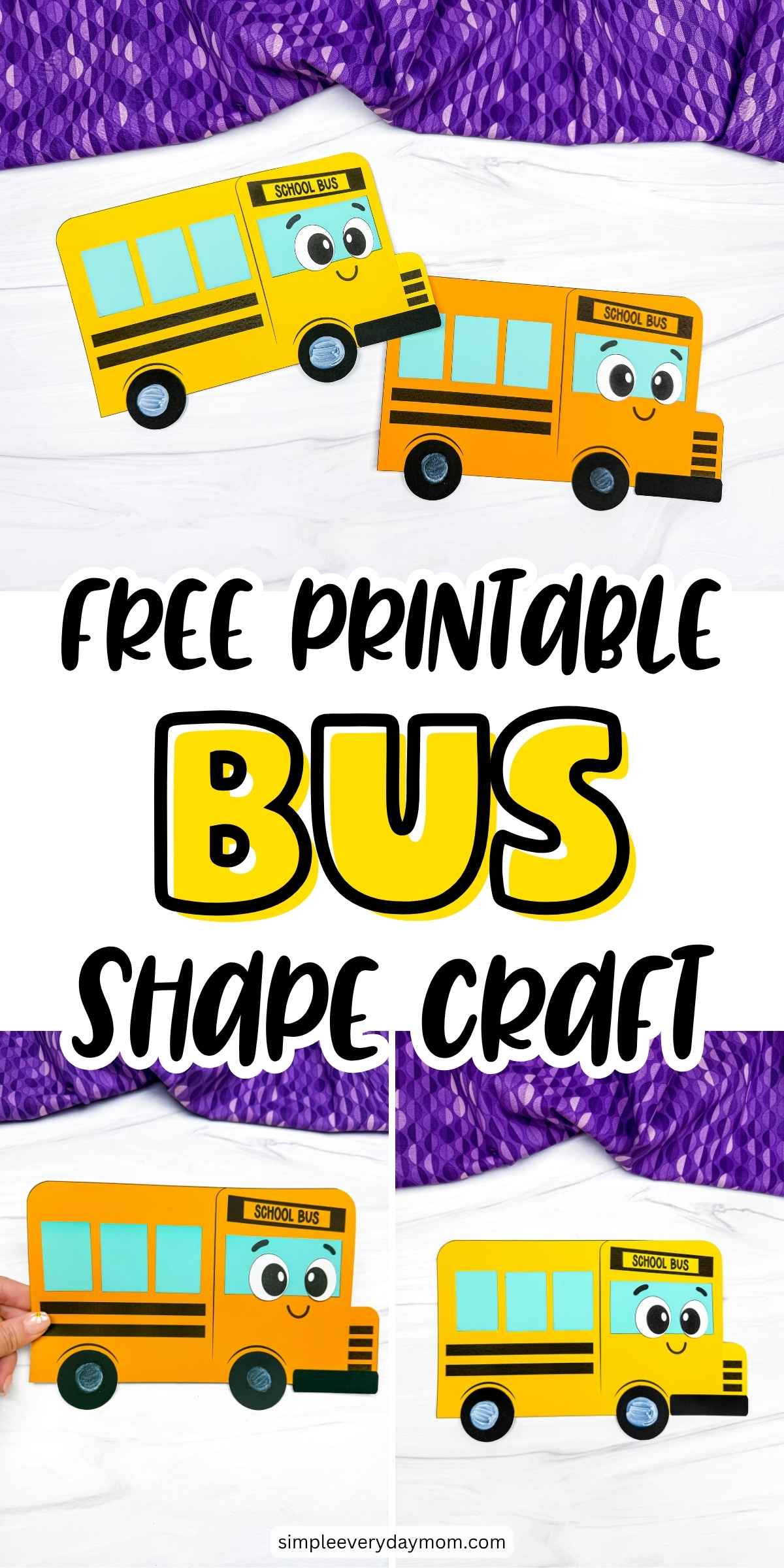 Collage showing completed yellow and orange bus shape crafts with individual finished craft examples.