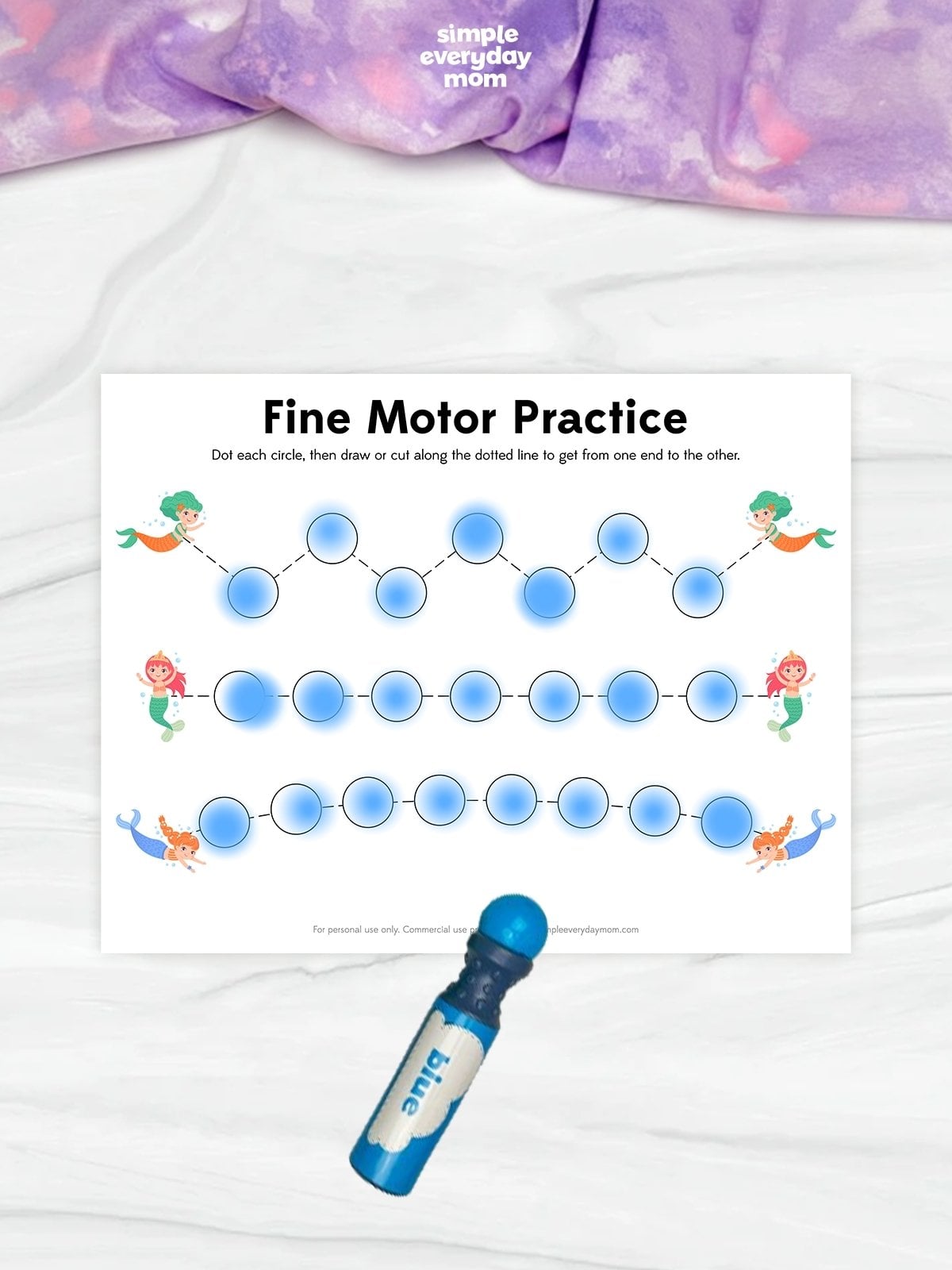 This mermaid-themed fine motor practice worksheet helps children strengthen hand muscles, improve pencil control, and develop hand-eye coordination through fun tracing activities. Kids dot each circle and then draw or cut along the dotted paths to guide the mermaids from one end to the other. Perfect for preschool and kindergarten learners, this engaging printable builds essential pre-writing skills while making learning enjoyable.