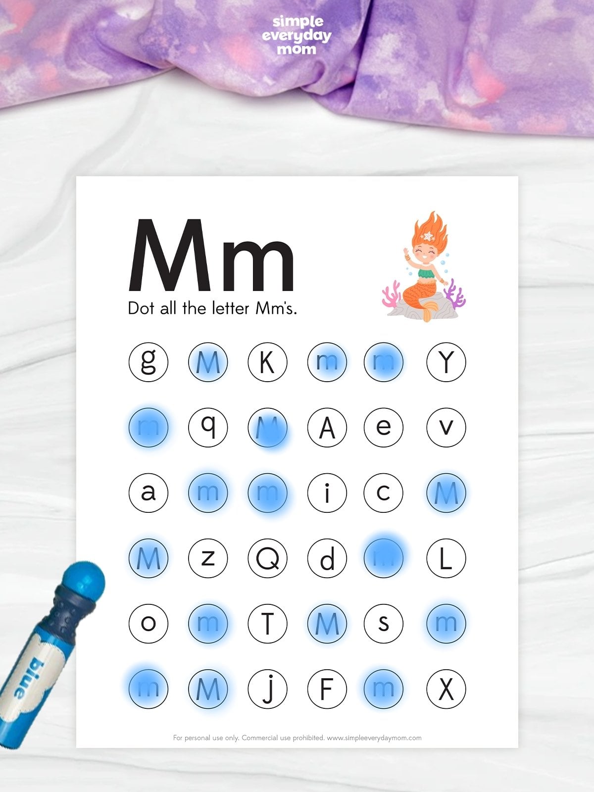 This mermaid-themed letter recognition worksheet helps young learners identify and practice the uppercase and lowercase letter M through a fun dot marker activity. Children search for all the letter M's and dot each one, strengthening letter recognition, visual discrimination, and fine motor skills. Ideal for preschool and kindergarten students, this engaging printable makes alphabet learning both interactive and enjoyable.