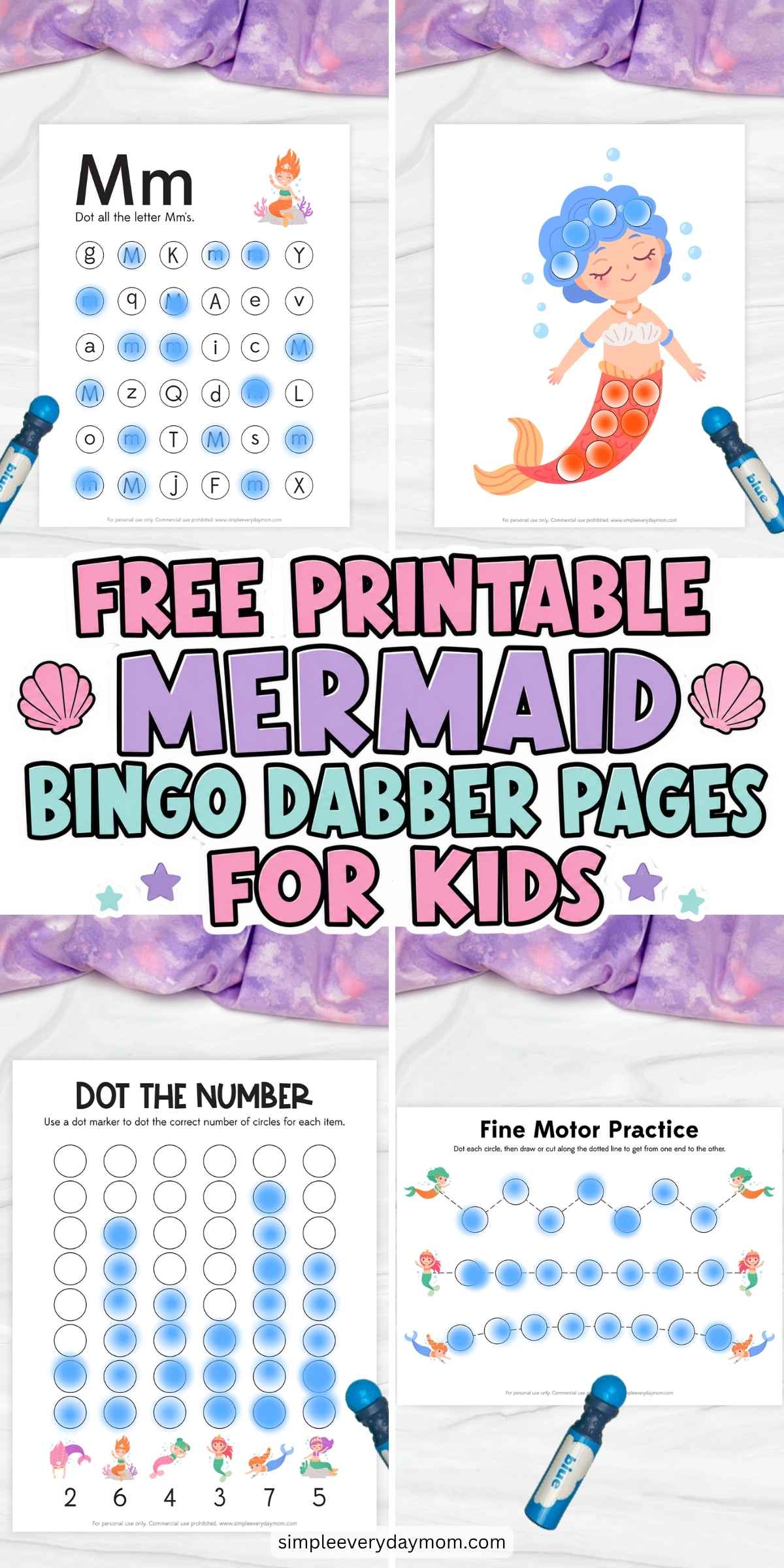 This free printable Mermaid Bingo Dabber Pages for Kids pack provides a fun and engaging way for preschool and kindergarten children to develop essential early learning skills through hands-on activities. The worksheets include letter recognition, counting, dot marker, and fine motor practice pages that strengthen hand-eye coordination, pencil control, and early literacy and math skills. With adorable mermaid-themed illustrations, these interactive printables make learning creative, educational, and enjoyable for young learners.