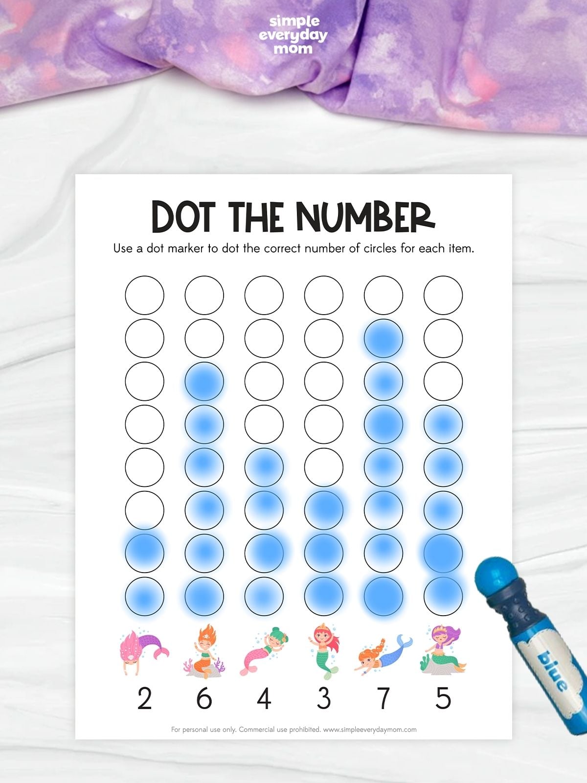 This mermaid-themed dot-the-number worksheet helps children practice counting and number recognition in a fun, hands-on way. Kids use a dot marker to fill the correct number of circles for each mermaid, reinforcing counting skills while improving fine motor control and hand-eye coordination. Perfect for preschool and kindergarten learners, this engaging printable combines early math practice with interactive play.