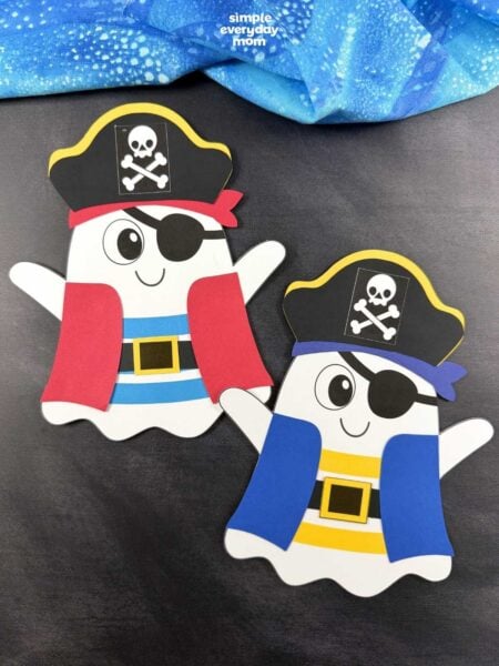 Collage of two completed pirate ghost disguise crafts with different pirate coat and bandana color combinations.