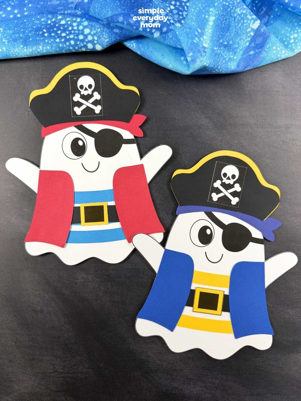 Collage of two completed pirate ghost disguise crafts with different pirate coat and bandana color combinations.