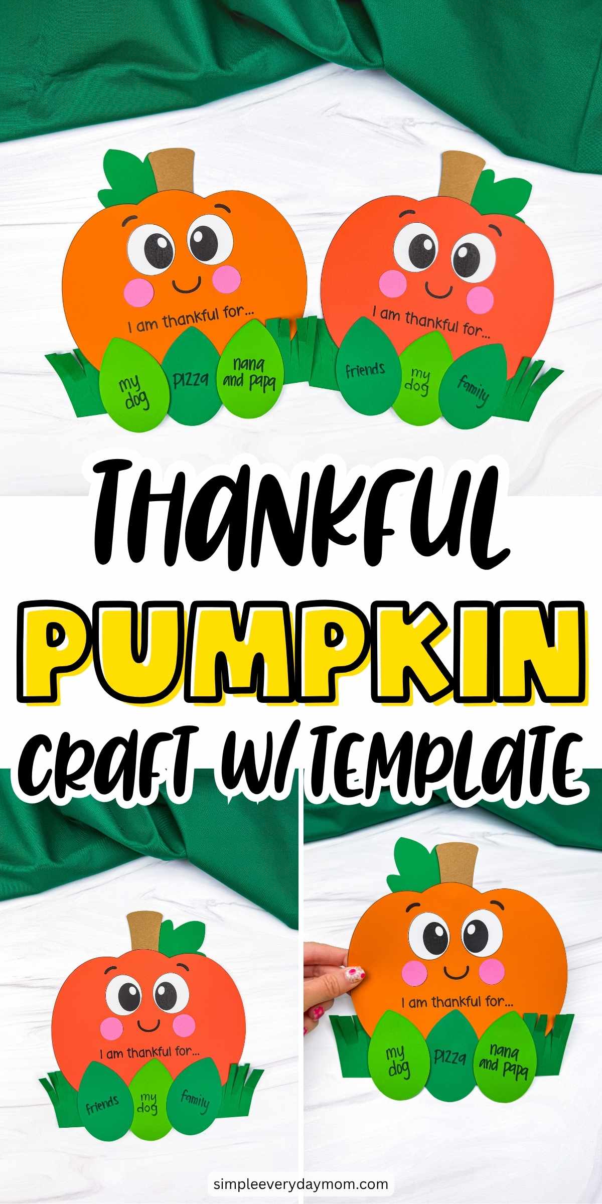 Collage of completed thankful pumpkin crafts with gratitude leaf inserts and printable template examples.