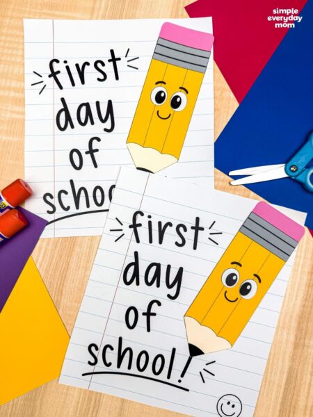 Side by side completed back to school pencil crafts displayed with colorful paper, glue sticks, and scissors.