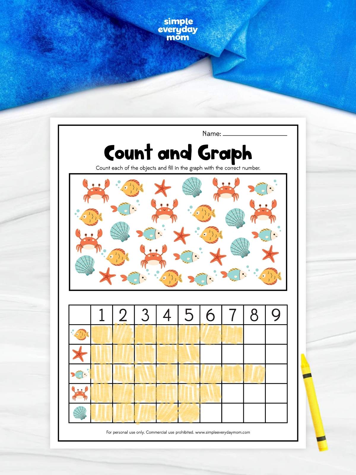 This printable Count and Graph worksheet helps preschoolers and kindergarteners practice counting, sorting, and graphing with fun ocean-themed pictures. Kids count each object and complete the picture graph to strengthen early math, number recognition, and data interpretation skills. It's a great no-prep activity for classrooms, homeschool, math centers, or summer learning at home.