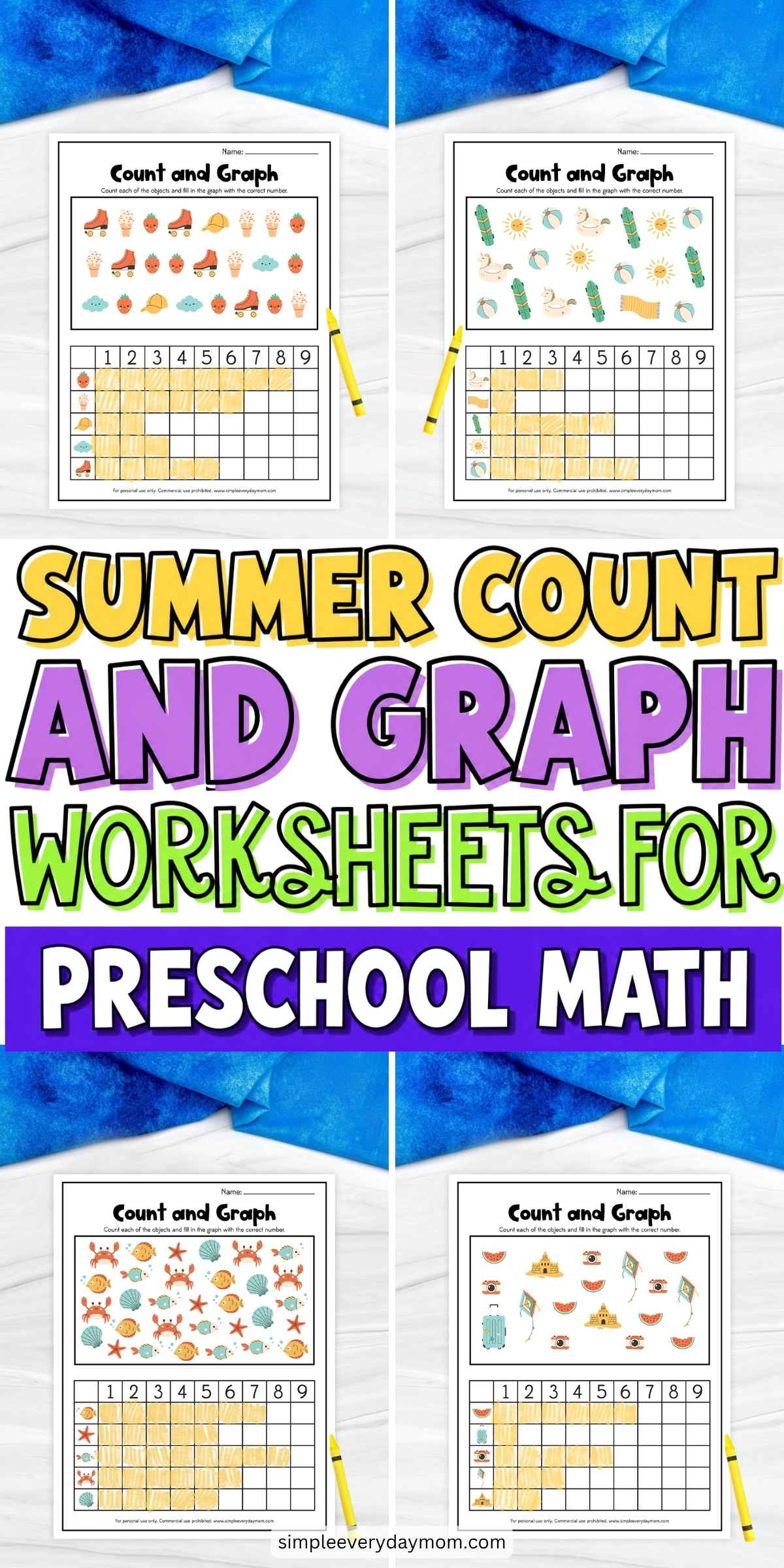 These printable Summer Count and Graph Worksheets give preschoolers and kindergarteners a fun way to practice counting, graphing, and comparing quantities with bright seasonal pictures. Children count each set of objects, complete the graphs, and build early math, number recognition, and data analysis skills through hands-on learning. They're perfect for summer math centers, classroom activities, homeschool lessons, or screen-free learning at home.
