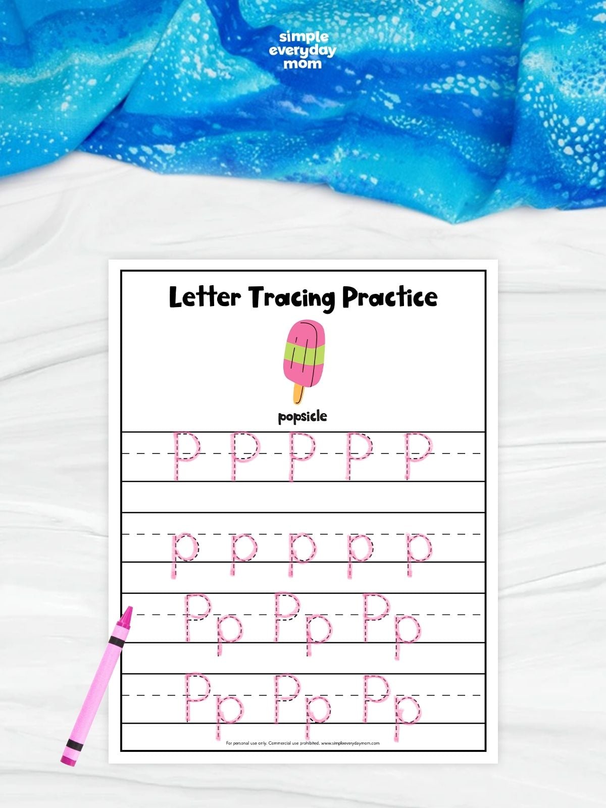 A summer-themed letter tracing worksheet featuring a popsicle and uppercase and lowercase letter P practice. Children trace the letters and letter pairs to strengthen handwriting, pencil control, letter recognition, and early literacy skills in a fun summer-themed activity.