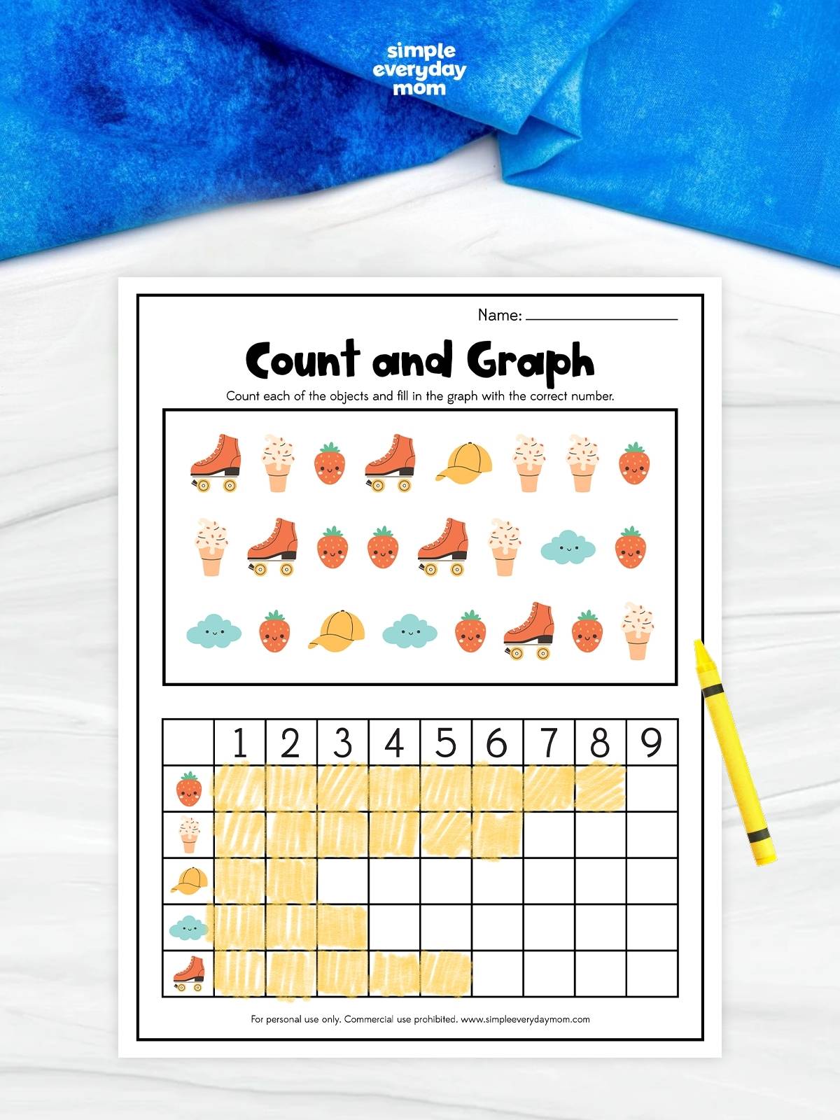 A summer-themed count and graph worksheet featuring roller skates, strawberries, ice cream cones, hats, clouds, and other seasonal icons. Kids count each picture, complete the graph below, and practice early math, counting, and graphing skills. This printable activity is great for preschool, kindergarten, summer learning, and math centers.