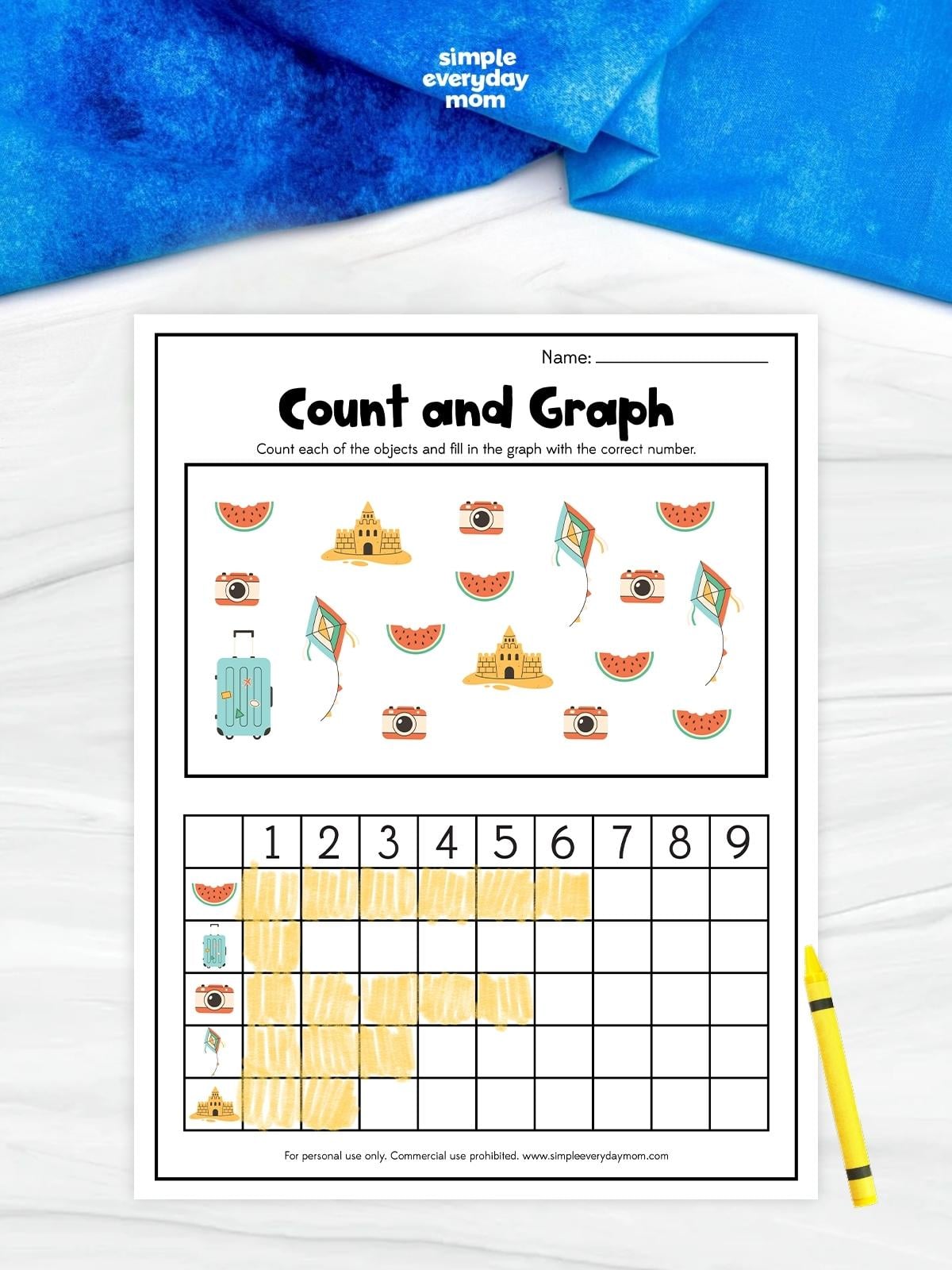 A summer-themed count and graph worksheet featuring watermelon slices, cameras, kites, sandcastles, and a suitcase. Children count each picture, complete the graph below, and strengthen counting, graphing, and early math skills through a fun hands-on activity. This printable is perfect for preschool, kindergarten, summer math centers, and homeschool learning.